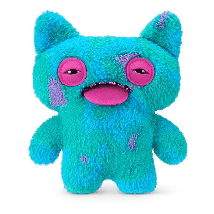 Un monstruo de peluche azul y morado con ojos grandes y boca abierta.