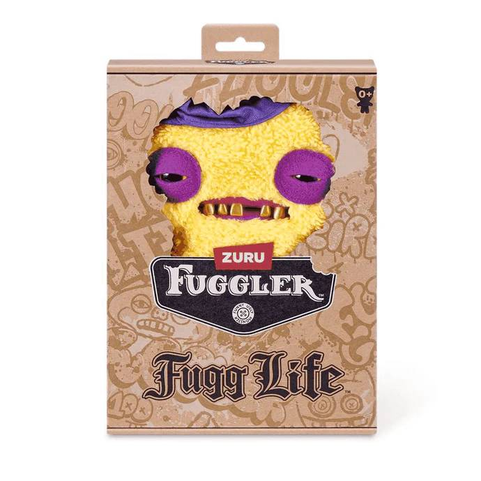 Caja Fuggler amarilla con ojos morados y dientes de monstruo.