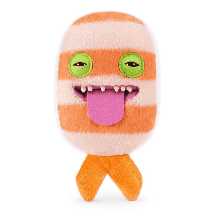 Un peluche a rayas naranjas y rosas, con ojos verdes y lengua rosa afuera.