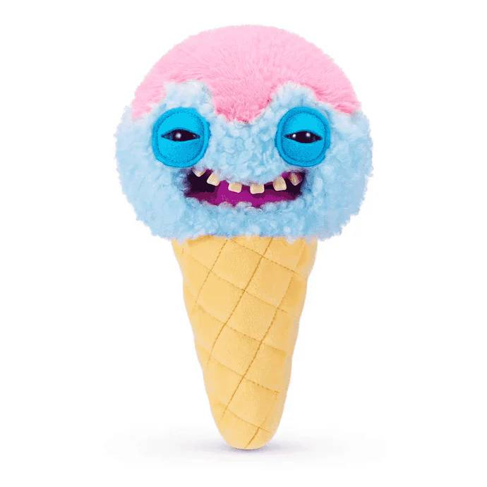 Un monstruo de helado de peluche con cobertura azul y rosa y cono amarillo.