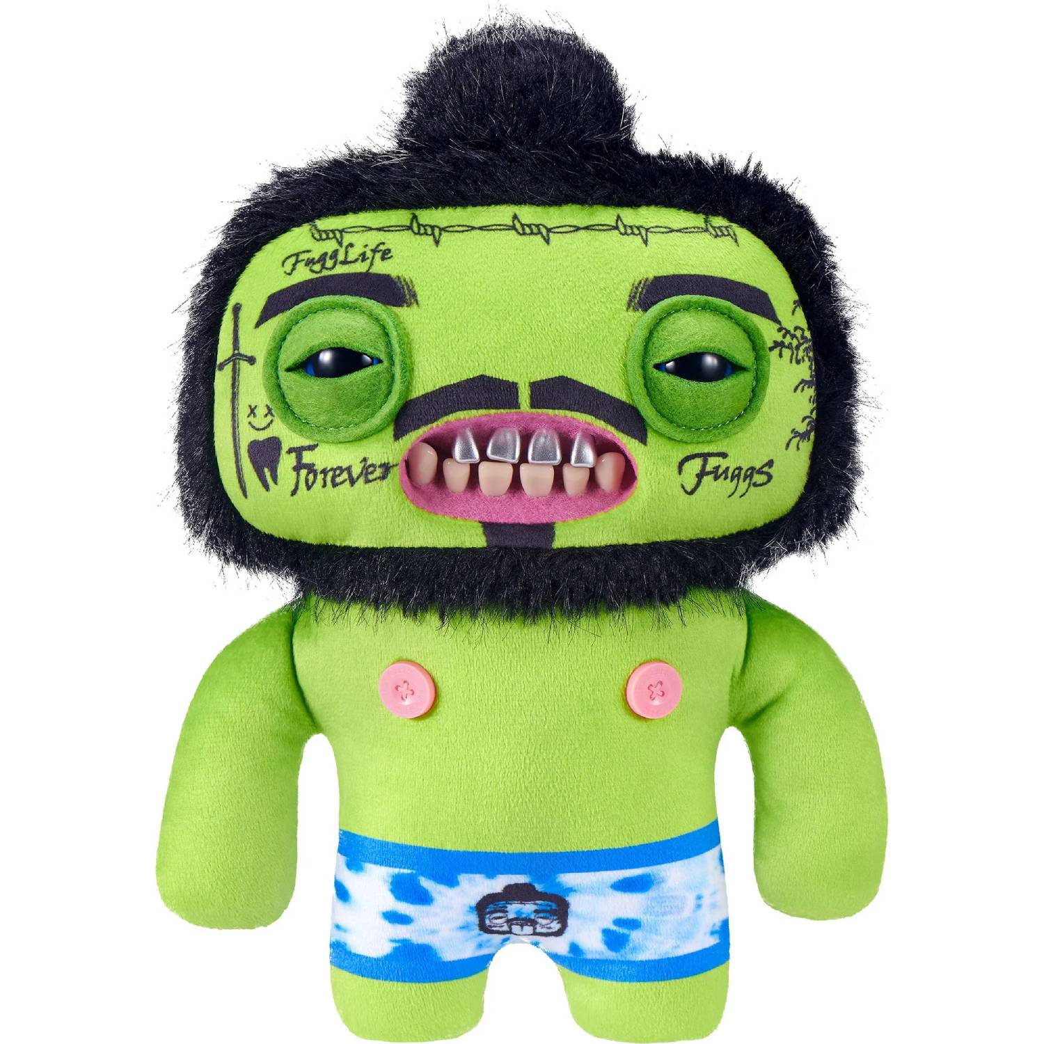 Peluche verde con pelo negro, cicatrices y tatuaje de calavera.