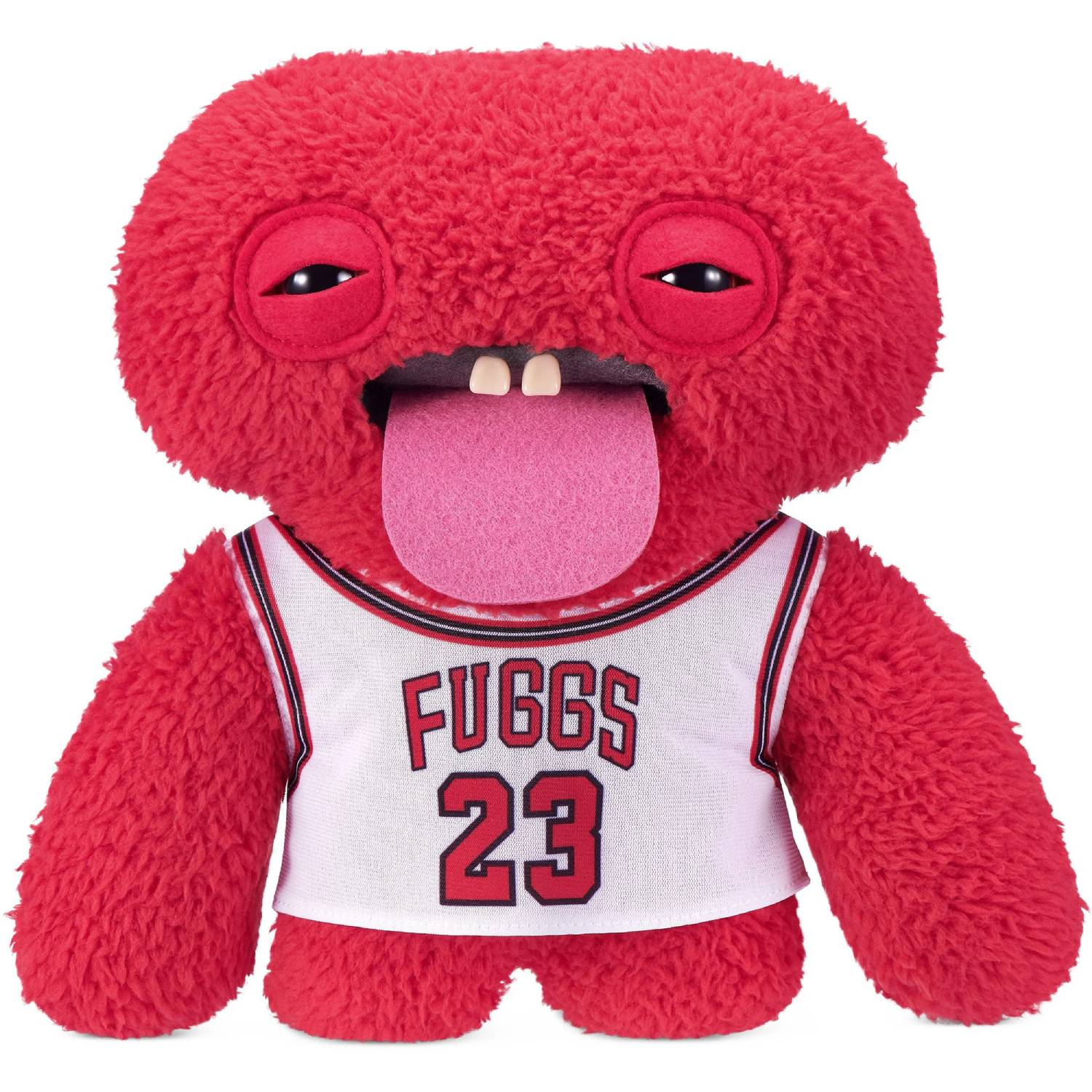 Un personaje de peluche rojo con una camiseta de baloncesto que dice "FUGGS 23".