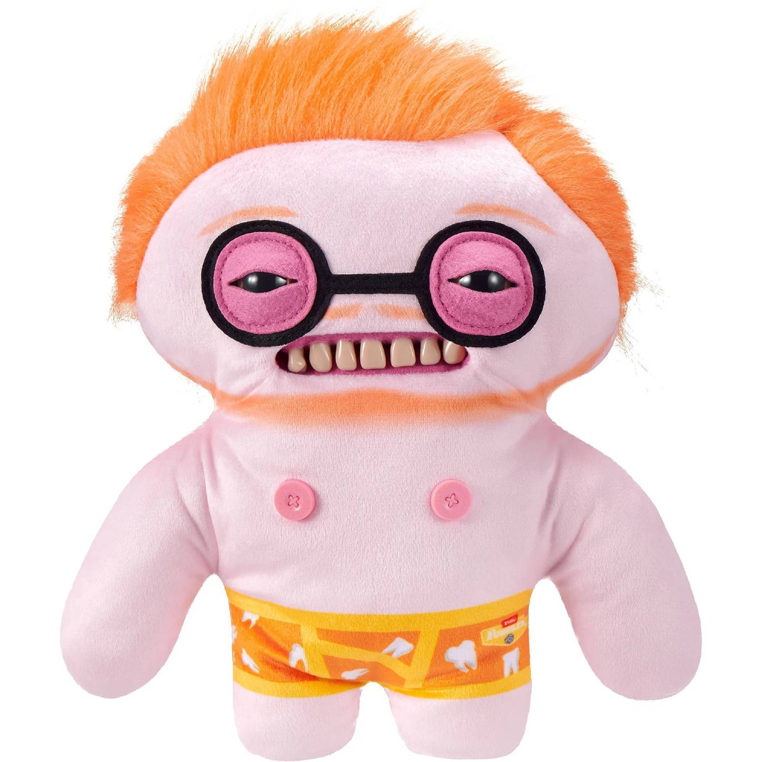 Un peluche rosa con pelo naranja, gafas y ropa interior con estampado de dientes.