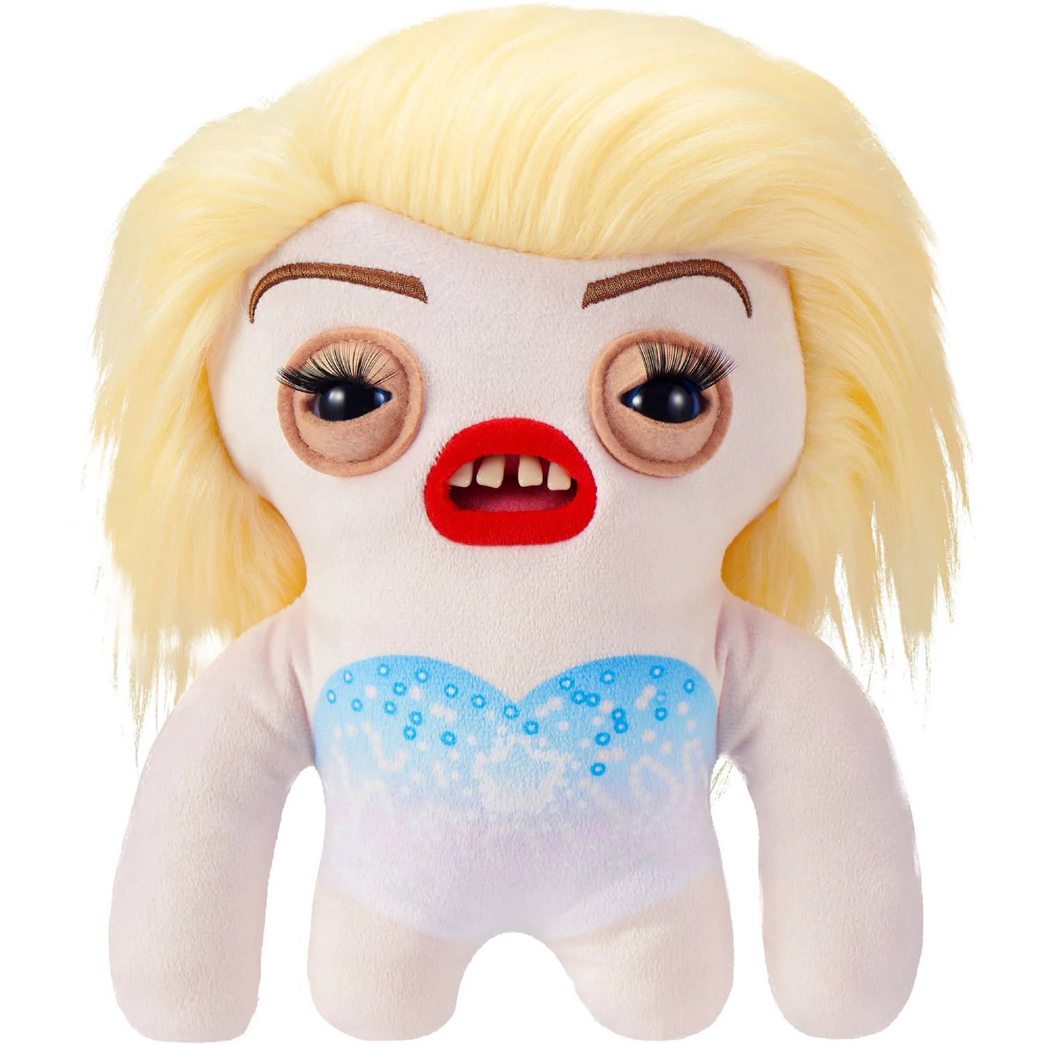 Peluche con pelo rubio, ojos azules, boca roja y top azul.