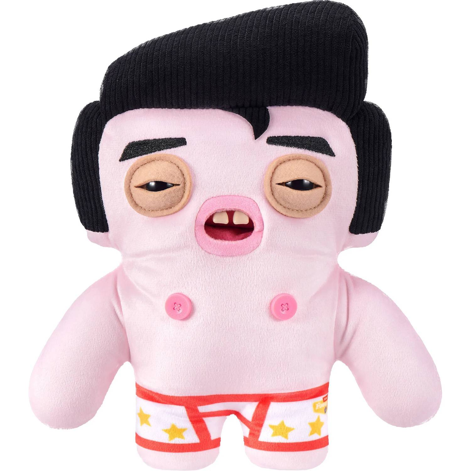 Un peluche rosa con pelo negro, ropa interior con estrellas y dos botones.