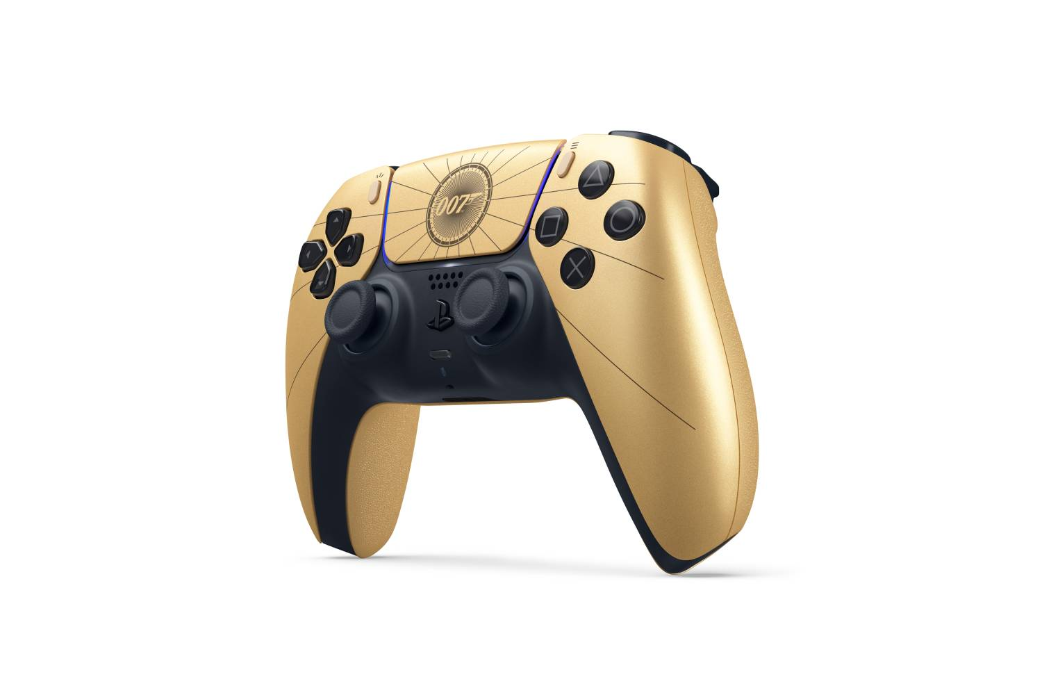 Controlador dorado con logo 007 y detalles negros sobre fondo blanco.