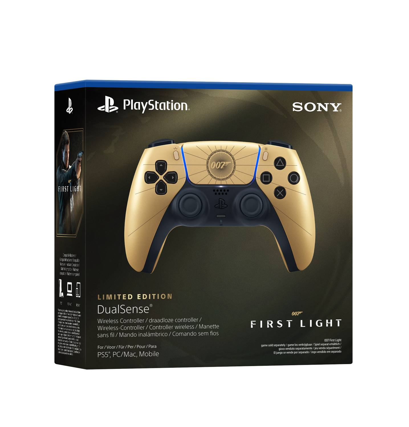 Mando dorado de PlayStation 5 con diseño 007 First Light en su caja.