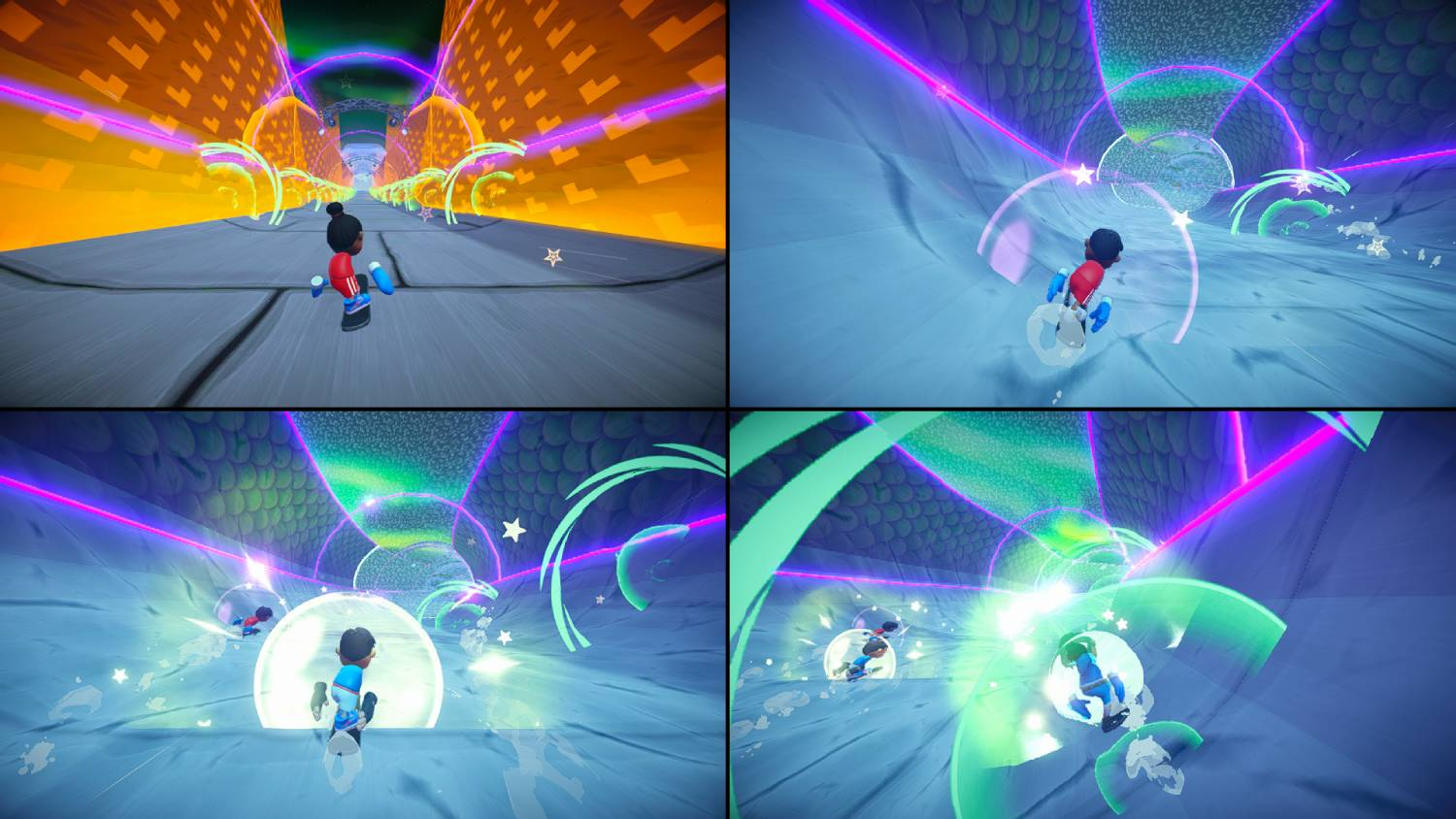 Niños en una colorida pista de carreras iluminada con neón, con burbujas y estrellas.