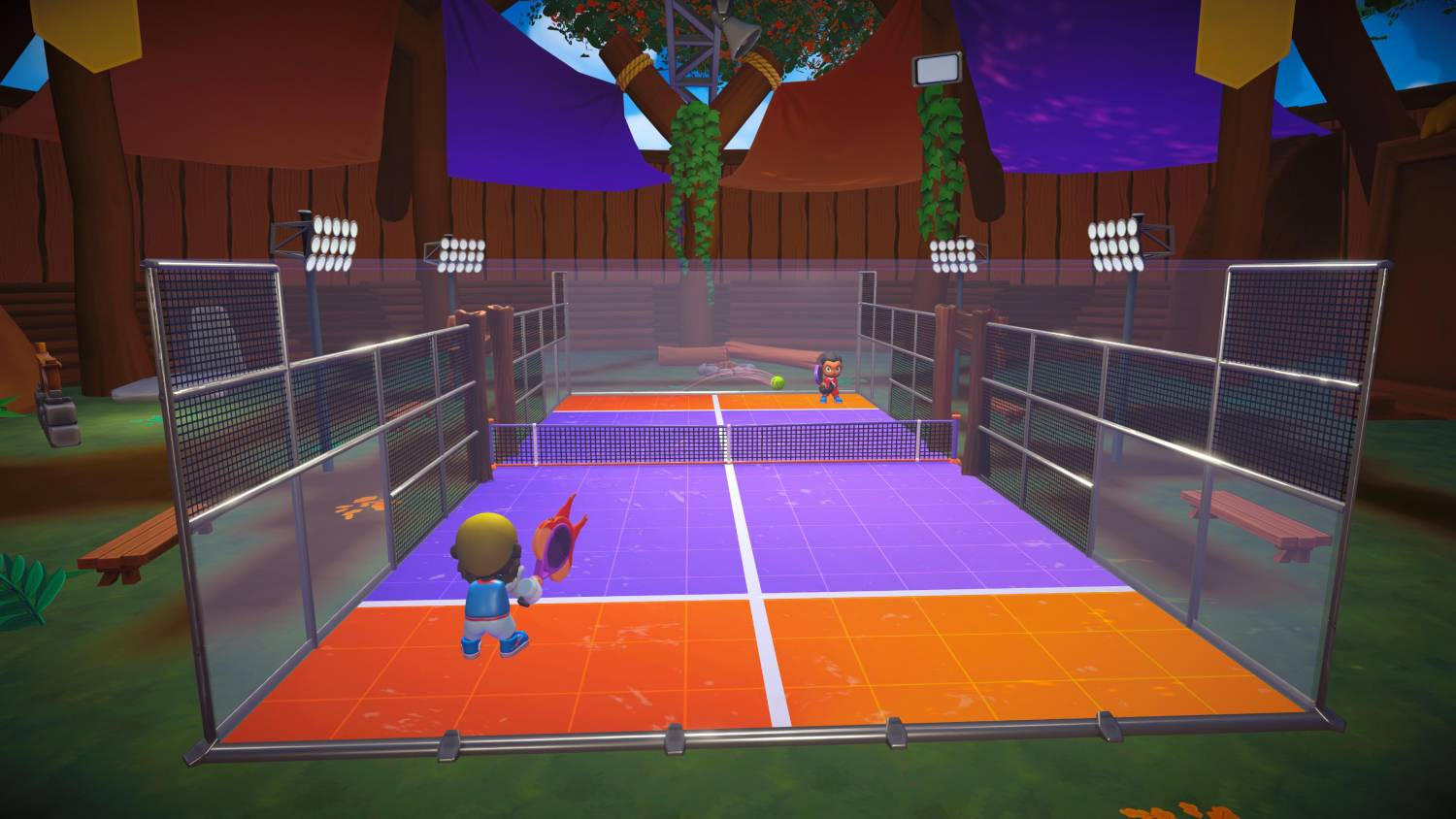 Una cancha de tenis de dibujos animados con pistas moradas y naranjas y dos jugadores.
