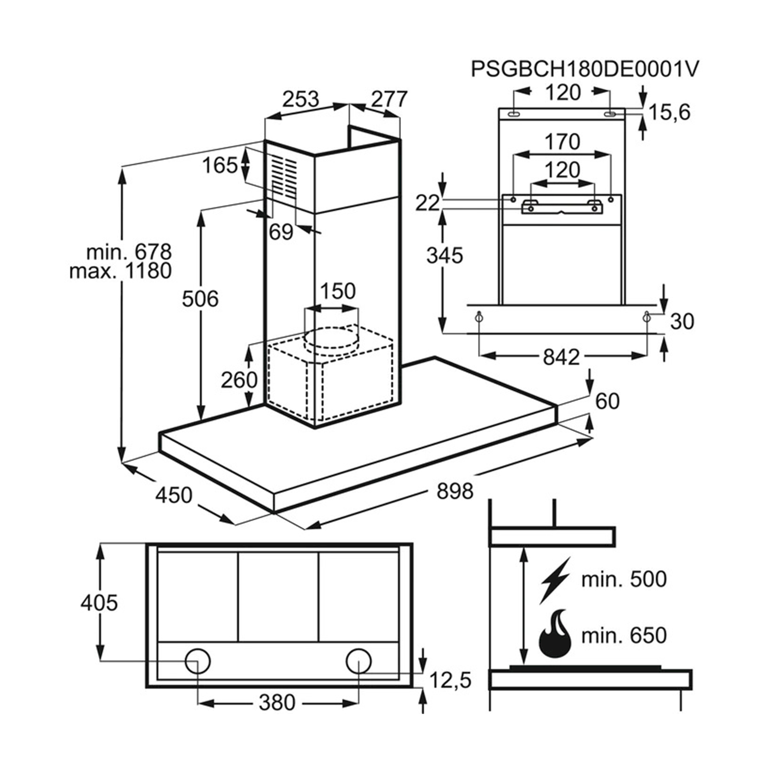Disegno tecnico di una cappa aspirante con dimensioni e istruzioni di installazione.