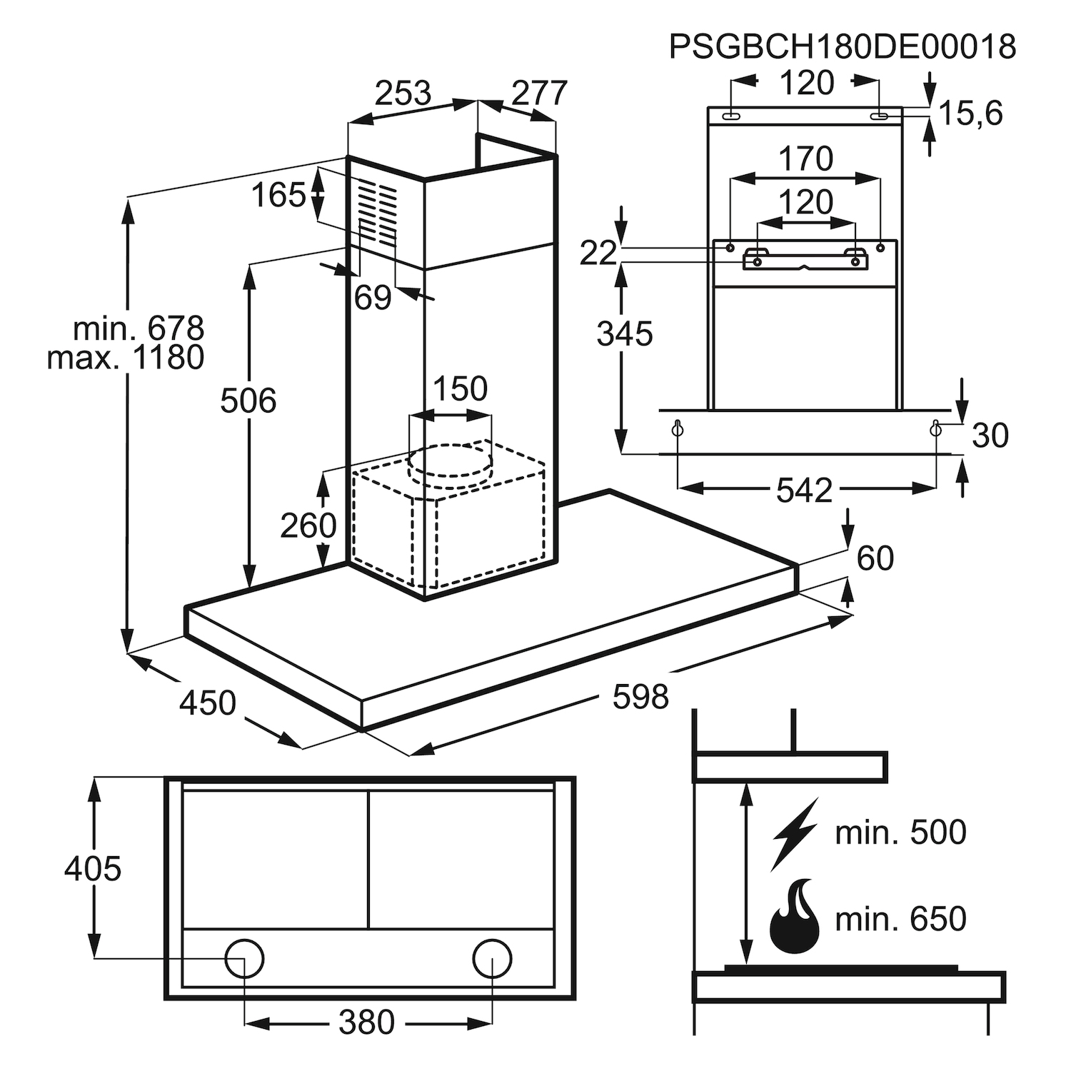Disegno tecnico di una cappa aspirante con dimensioni in mm.