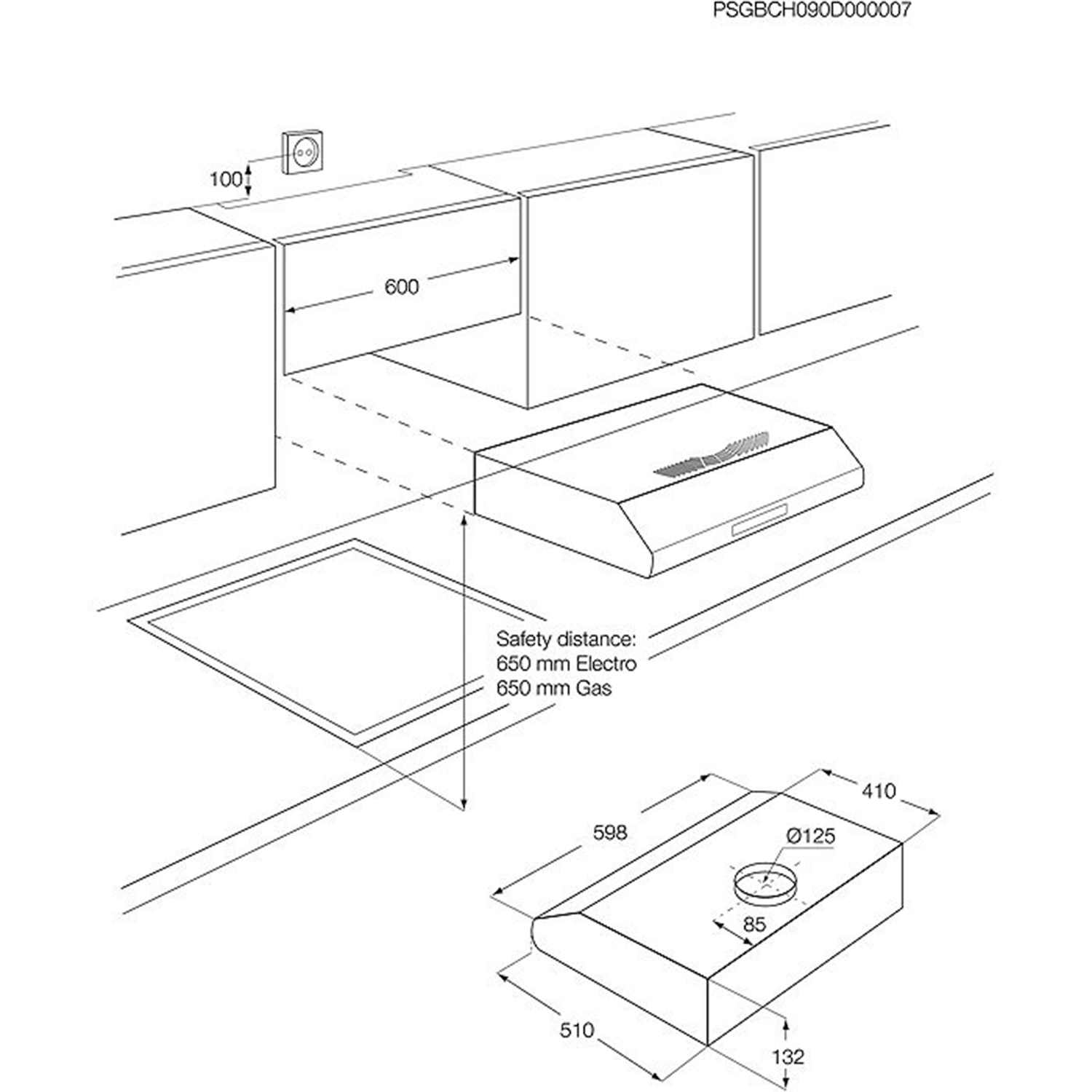 Disegno tecnico di una cappa da cucina con dimensioni e distanze di sicurezza.