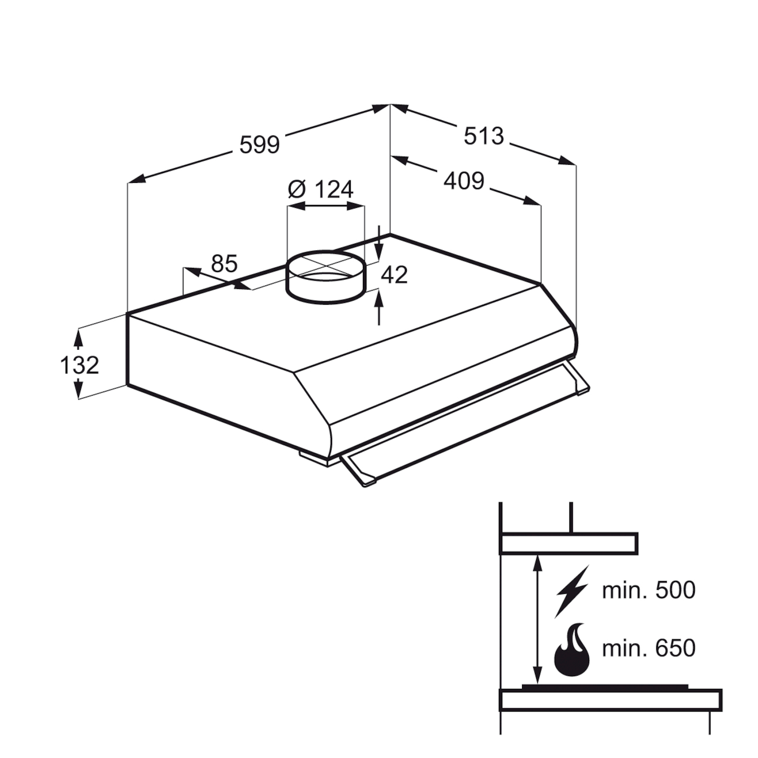 Disegno tecnico di una cappa aspirante con dimensioni e istruzioni.