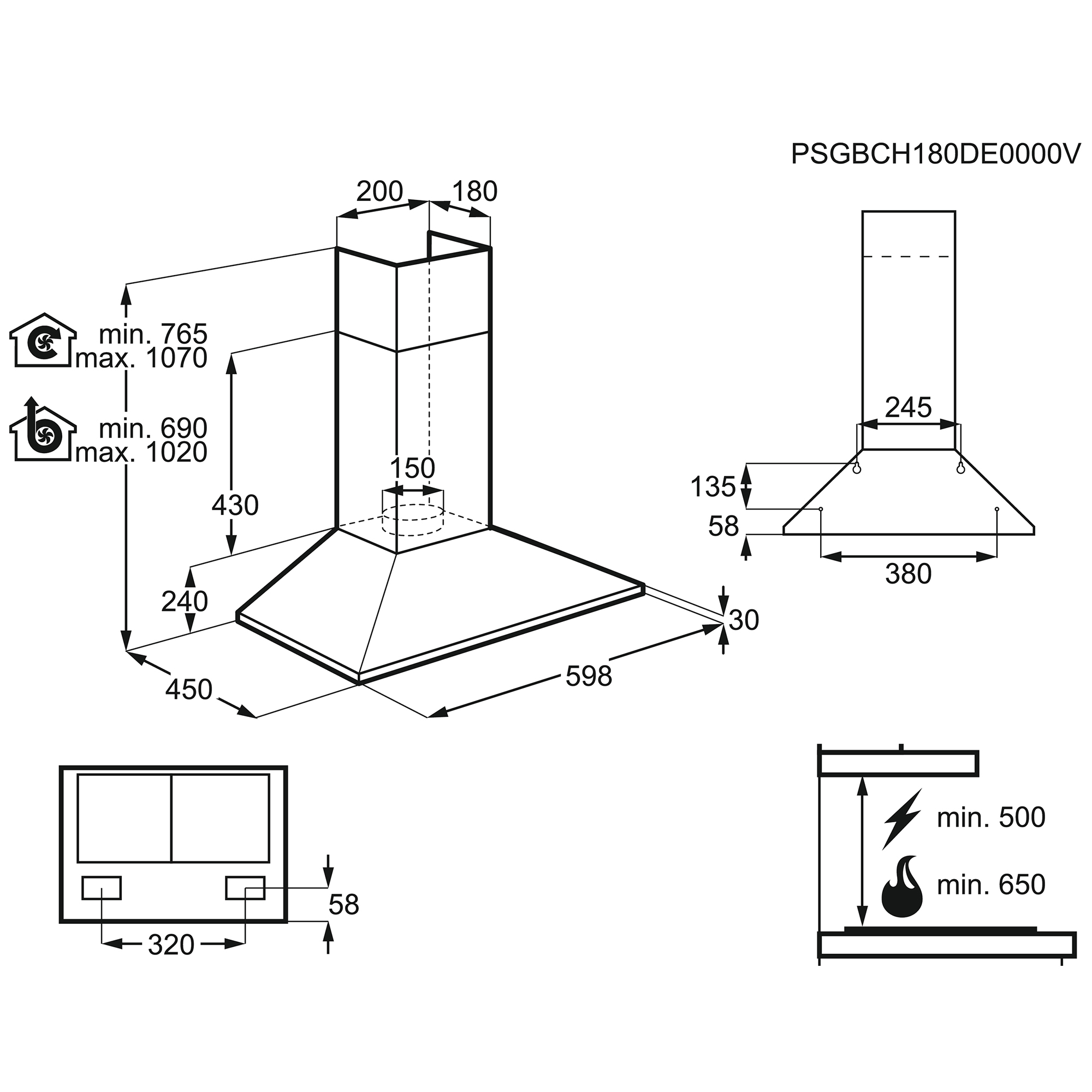 Disegno tecnico di una cappa aspirante con dimensioni e simboli.
