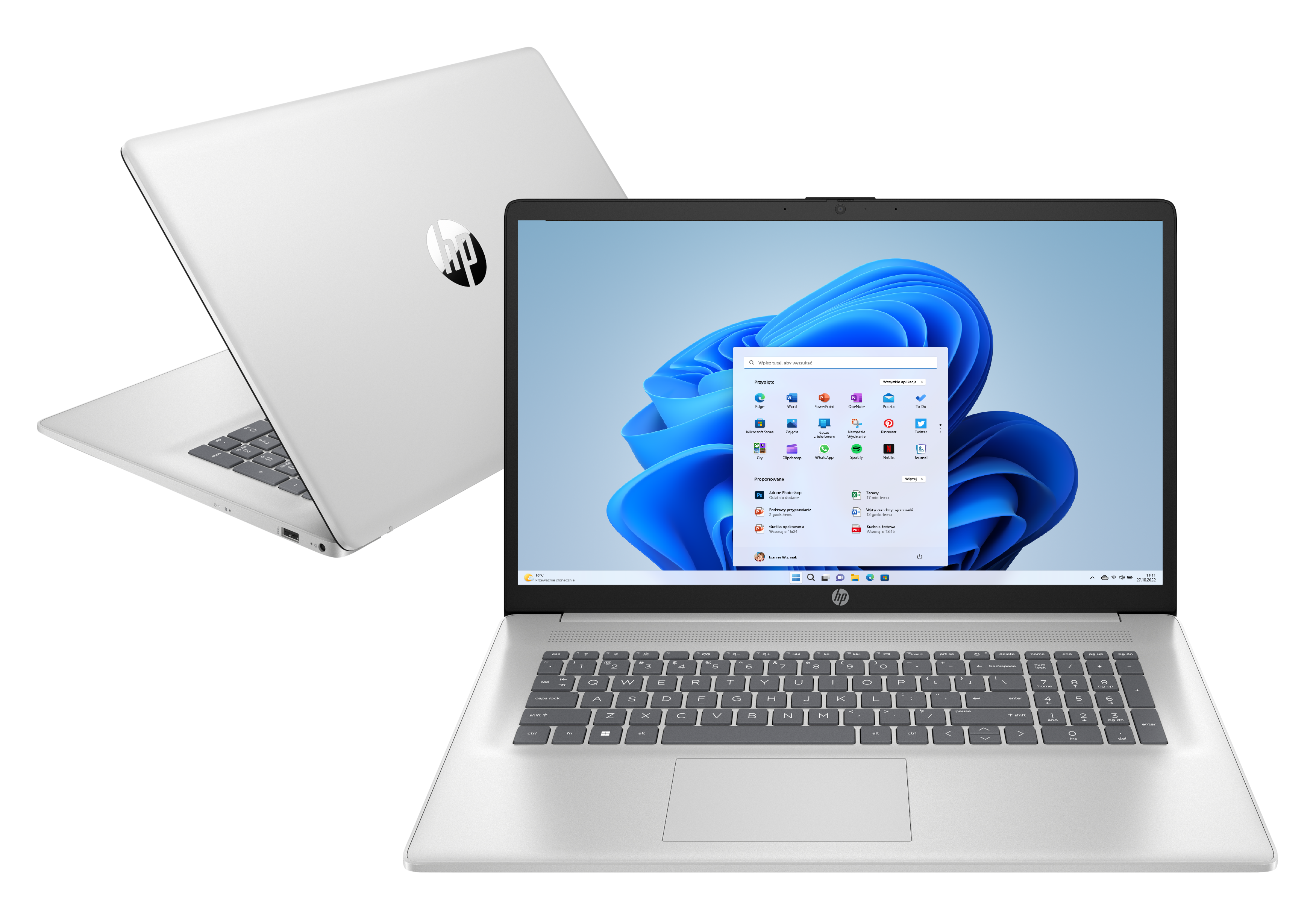 Srebrny laptop HP z systemem Windows 11 i niebieską tapetą z kwiatami.
