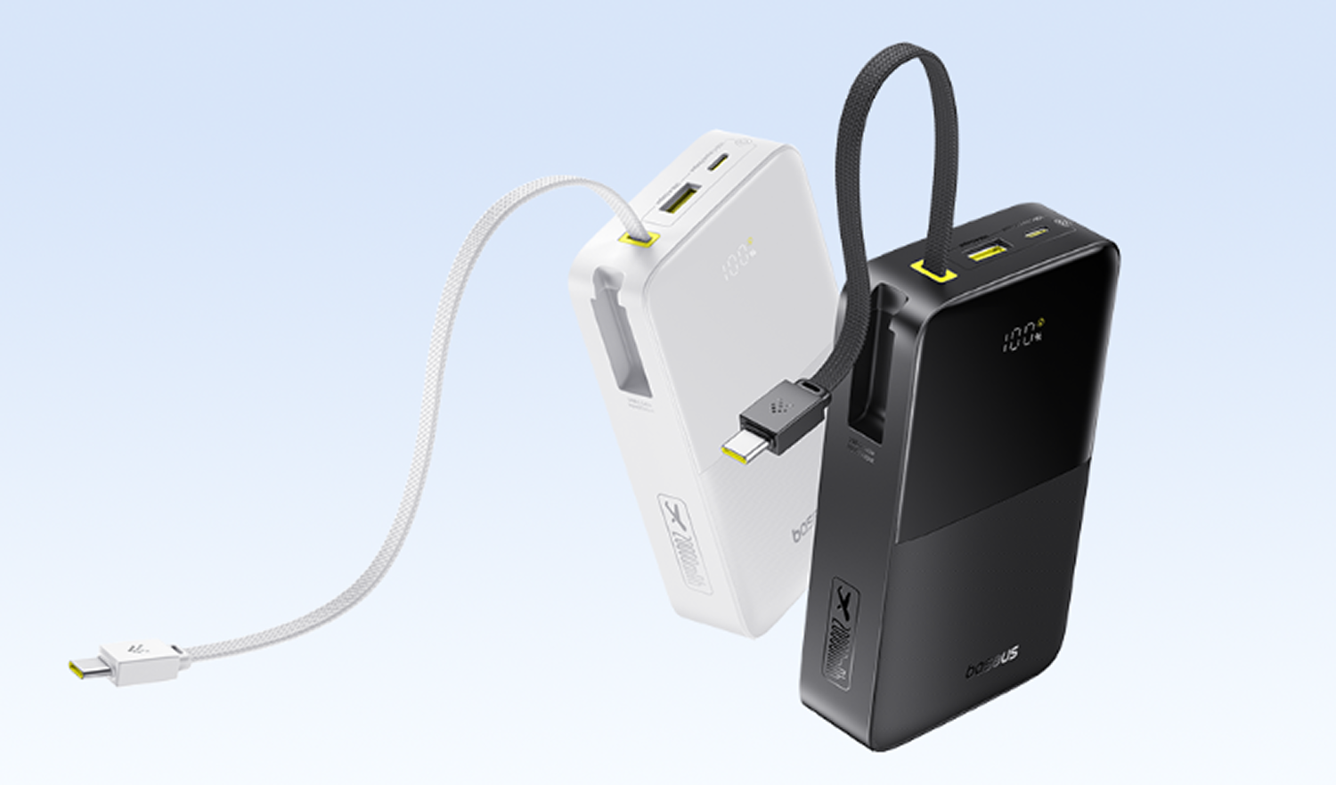 Dos cargadores portátiles, uno negro y otro blanco, con cables de carga conectados.
