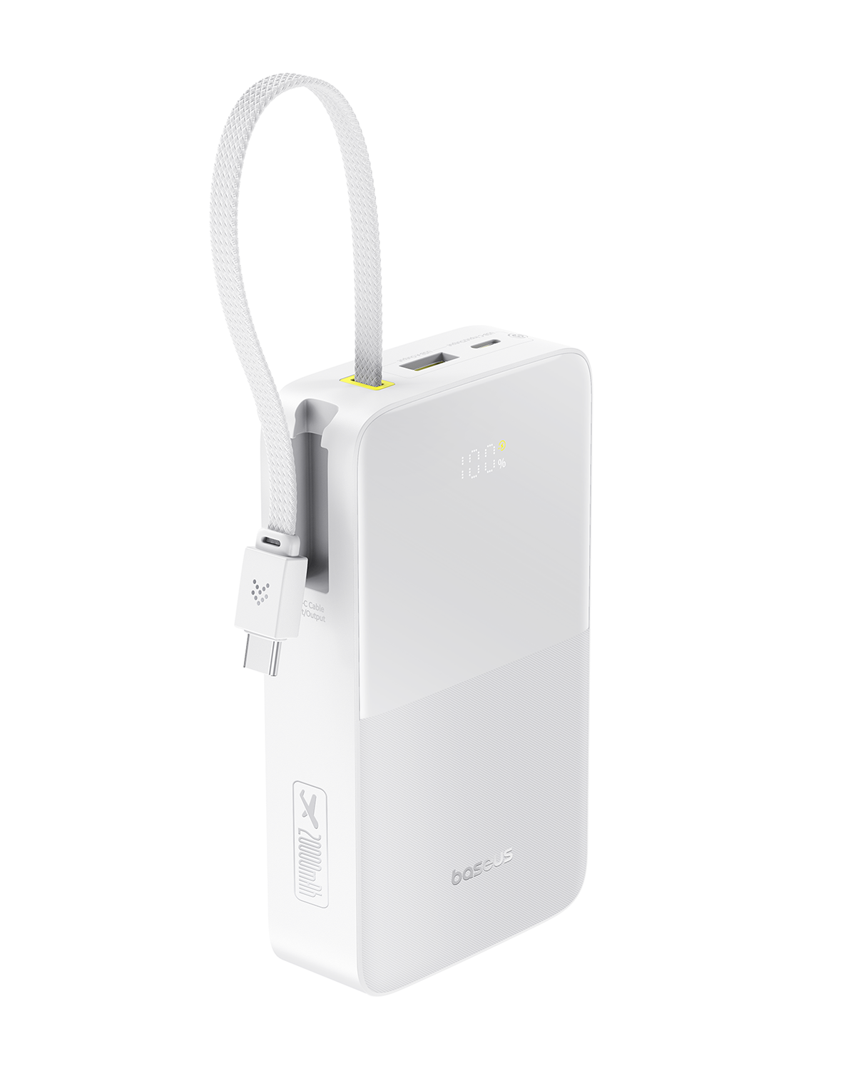 Una batería externa blanca con correa y cable USB-C. Se muestra 100%.