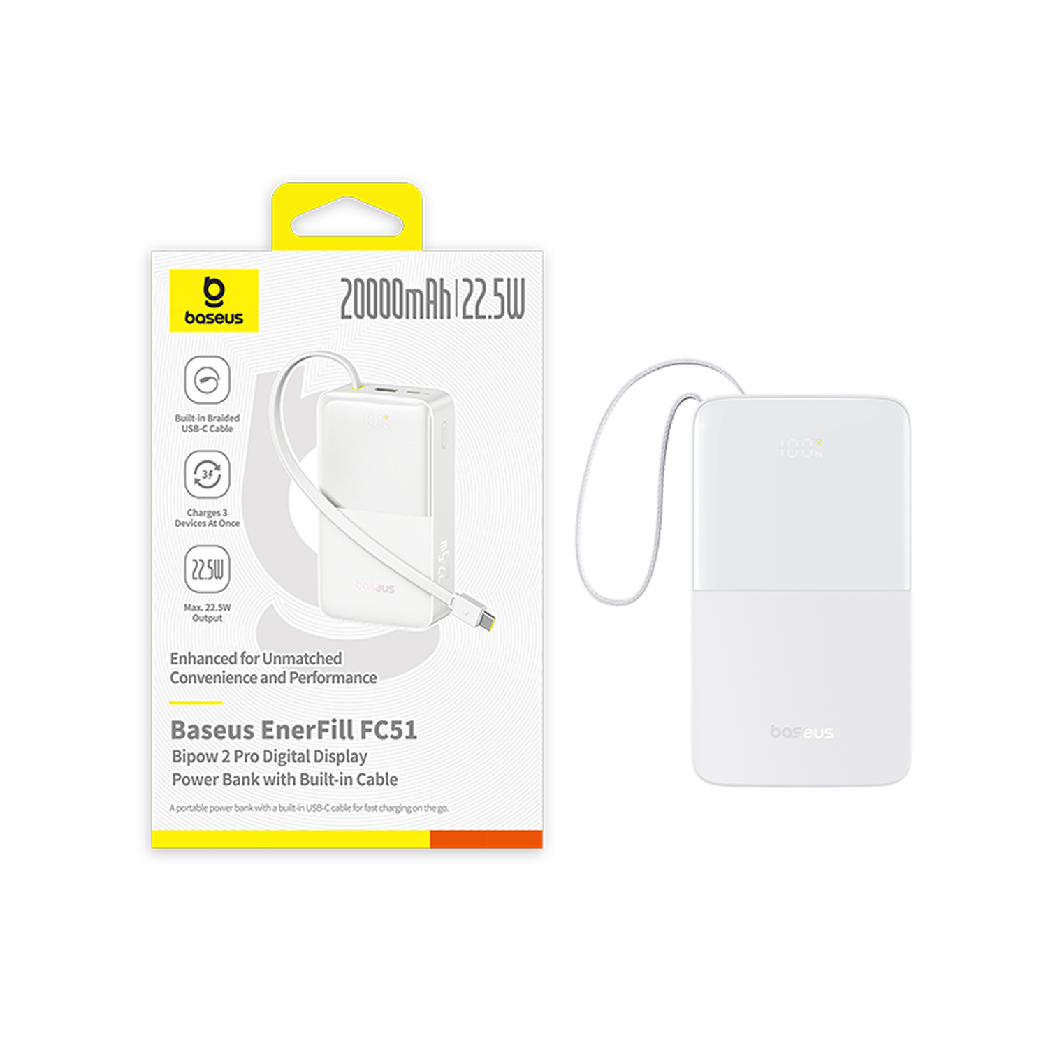 Batería externa blanca con cable USB-C incorporado y pantalla digital.