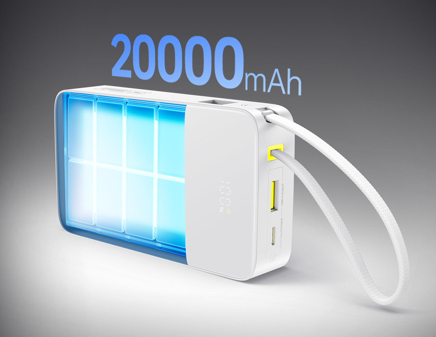Batería externa blanca de 20000 mAh con frontal azul brillante y puertos USB.