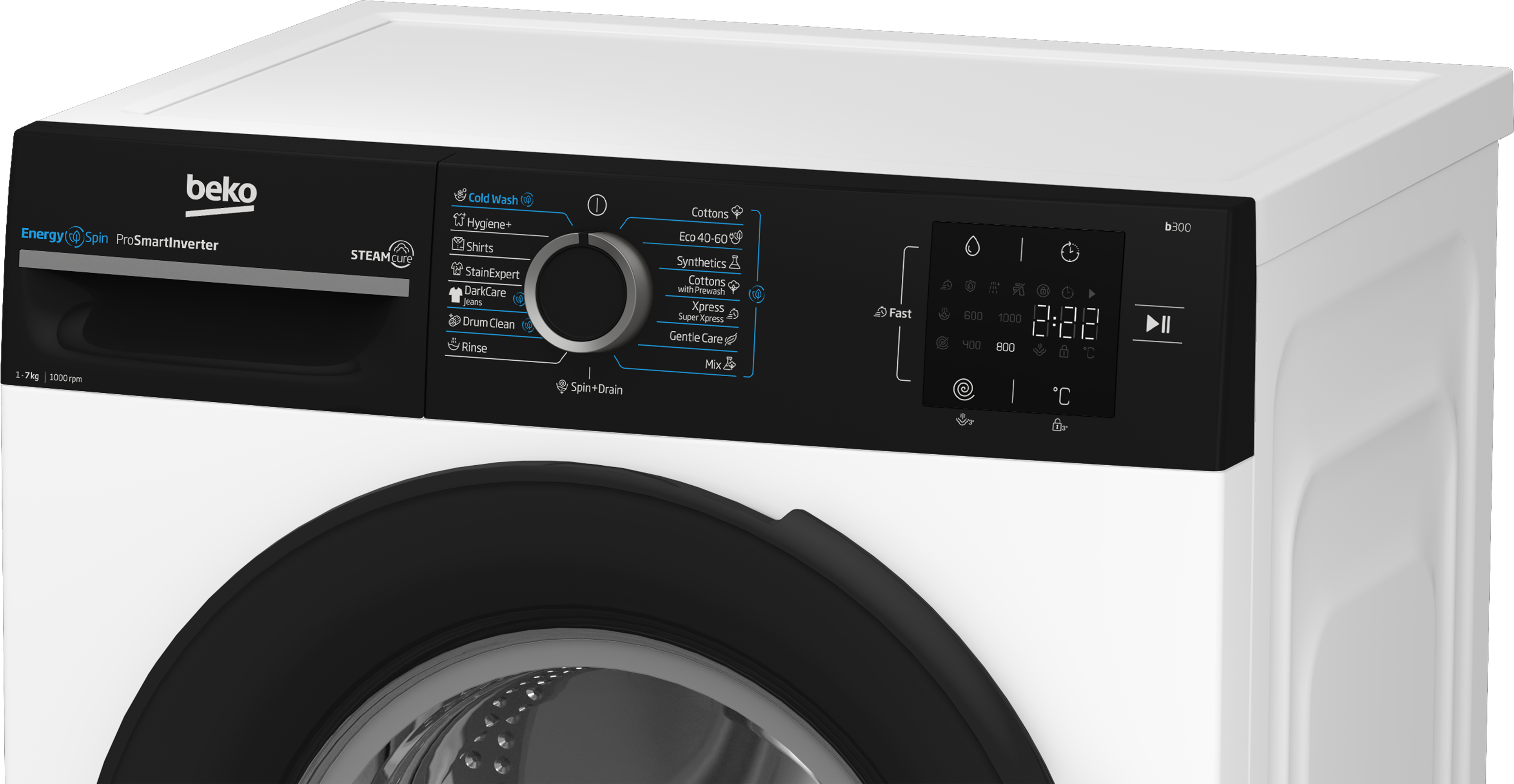 Fehér Beko mosógép fekete kezelőpanellel és digitális kijelzővel.