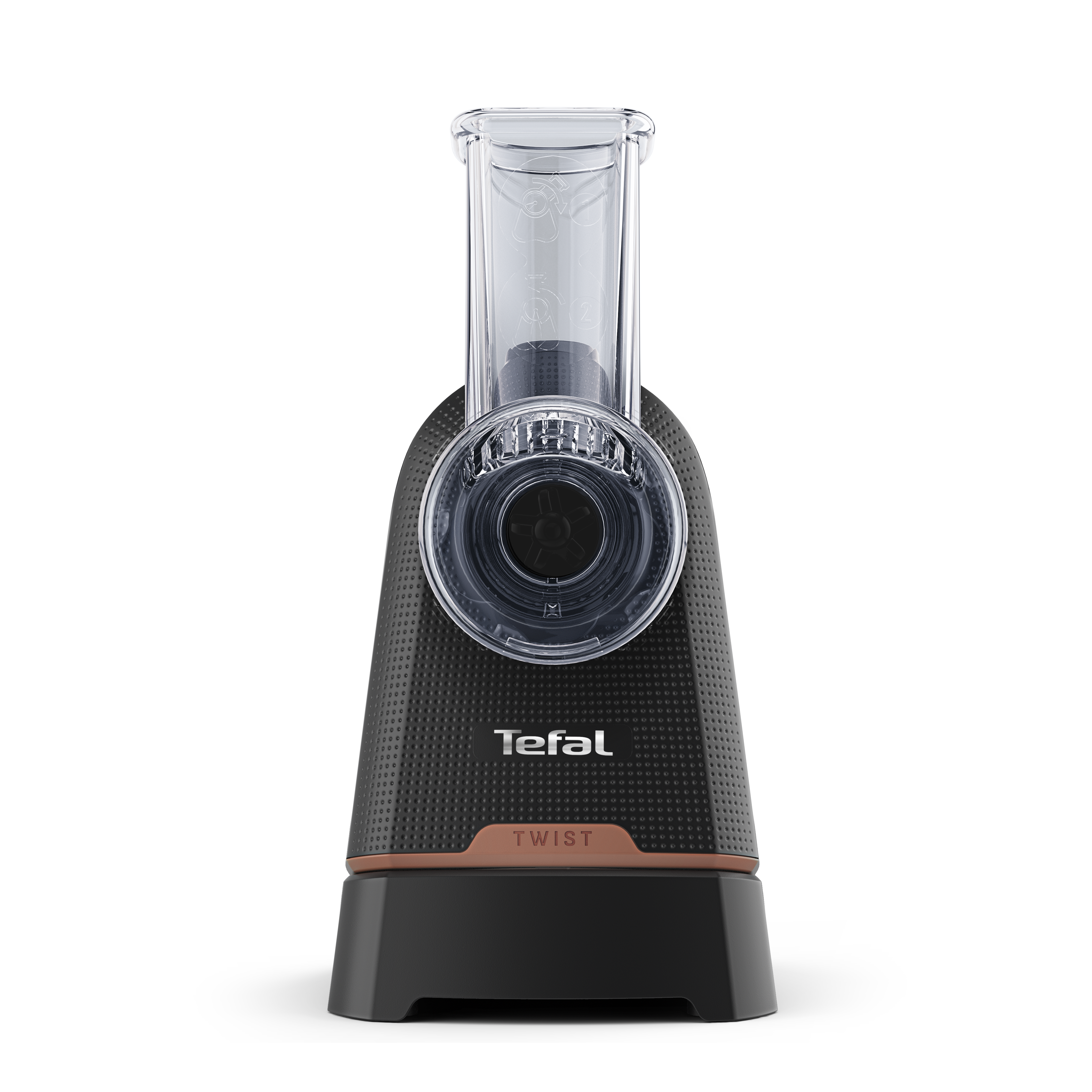 Egy fekete Tefal Twist reszelő átlátszó tölcsérrel fehér háttéren.
