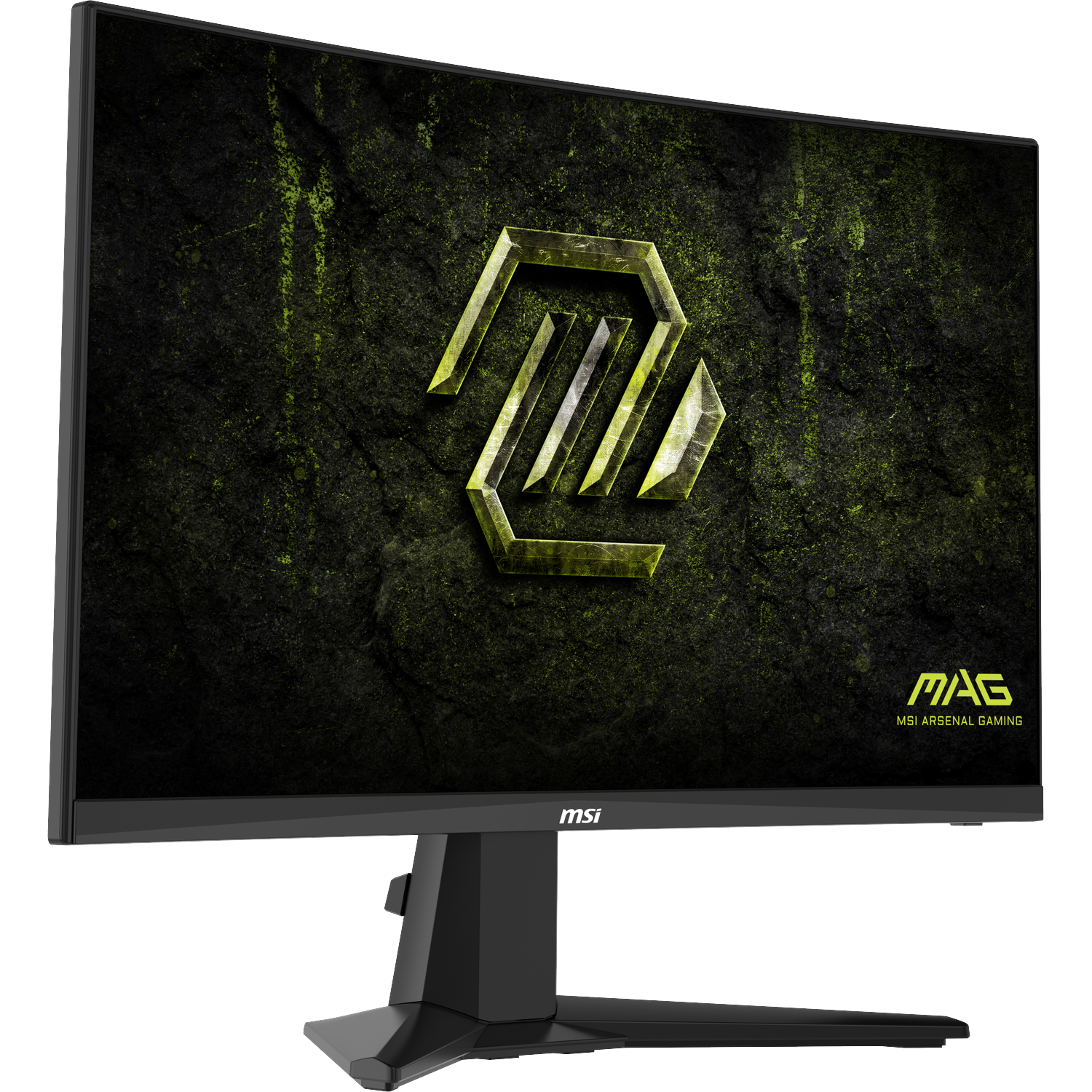A dark stone background with a yellow logo displayed on an MSI gaming monitor.