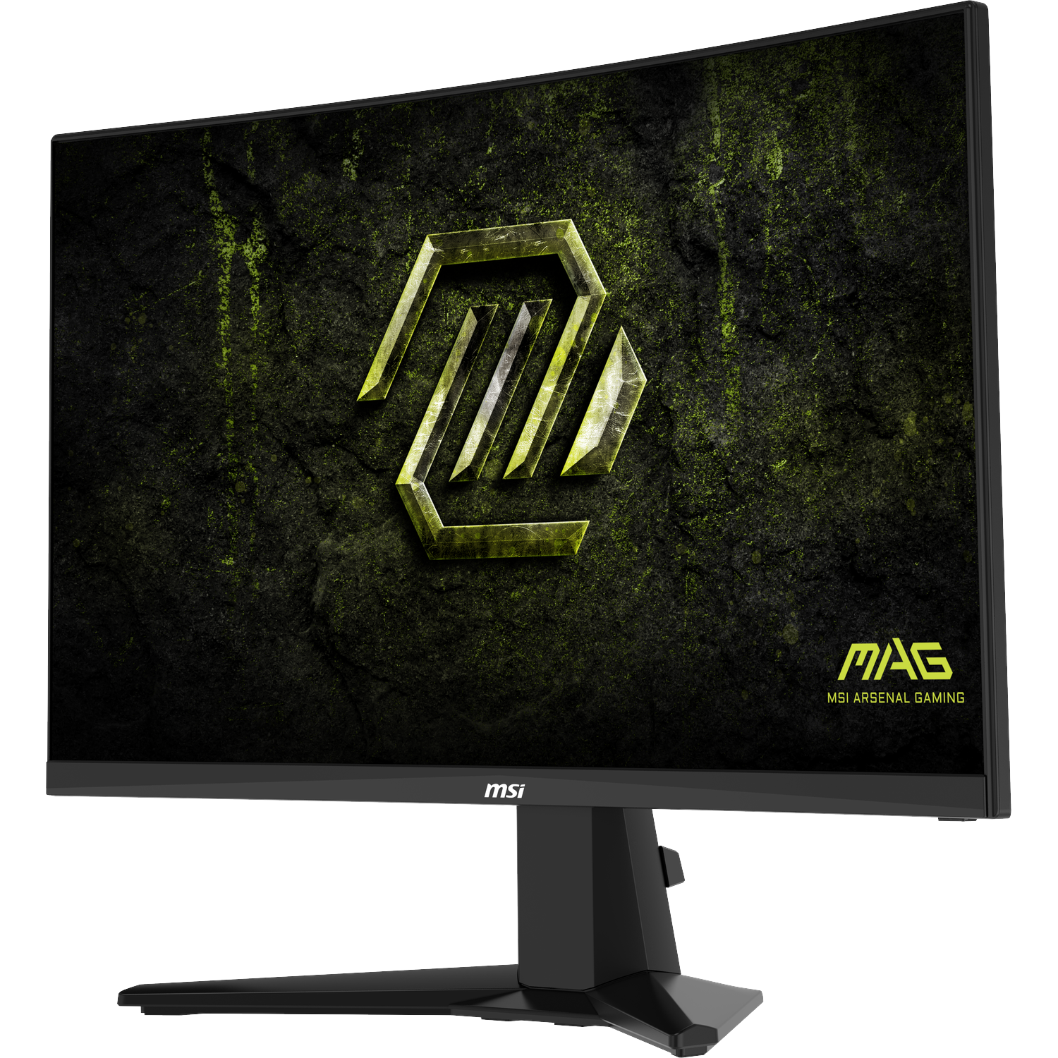 Black MSI gaming monitor with a green logo and textured background.