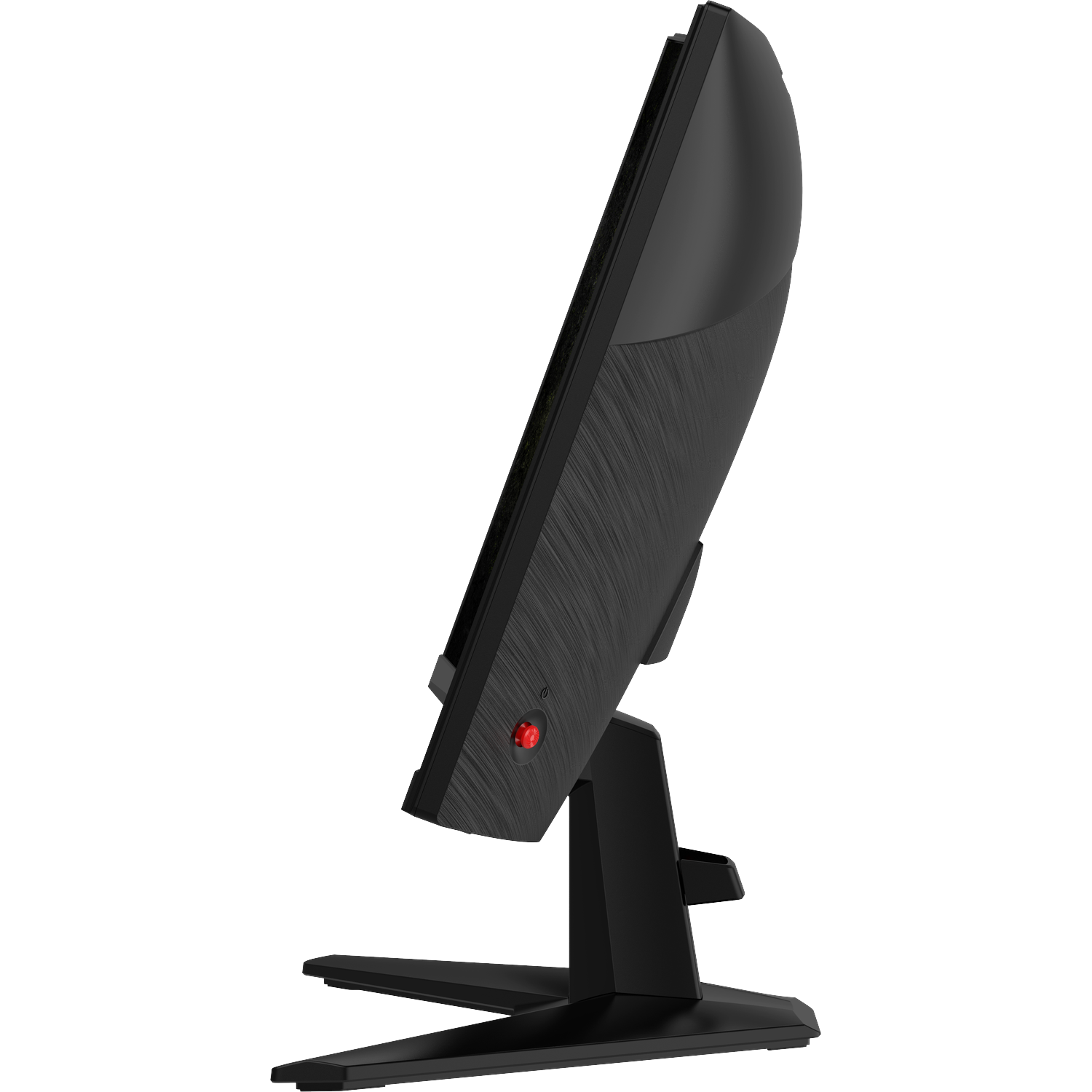 Black monitor with red button, viewed from the side, on a white background.