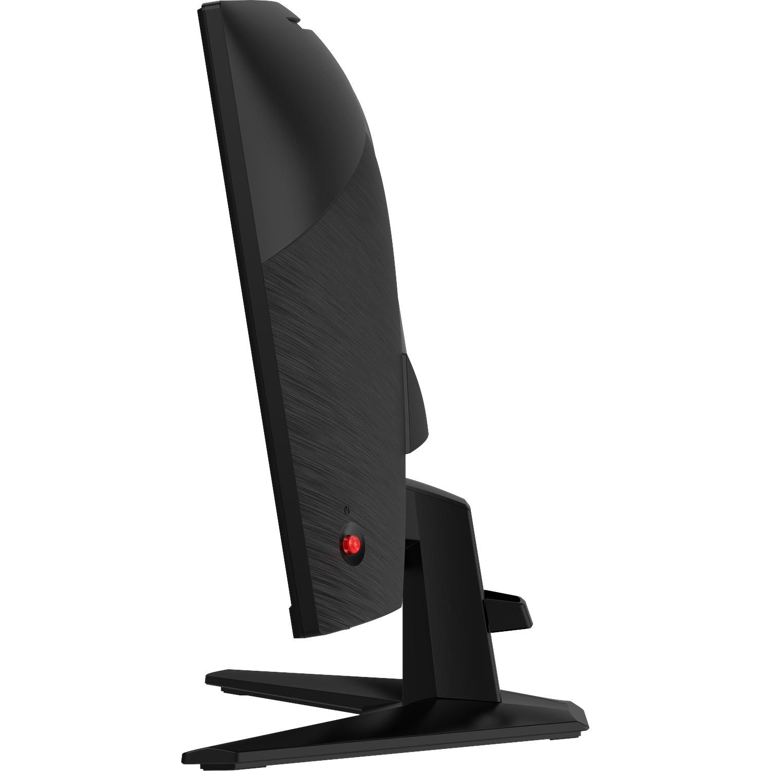 Black computer monitor viewed from the side, with a red button and stand.