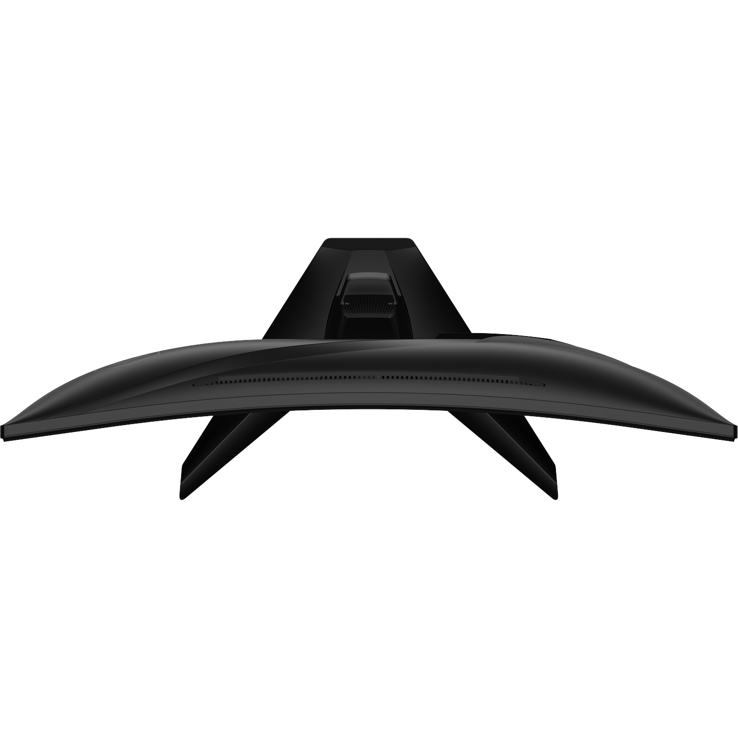 Black curved monitor, viewed from above, with a V-shaped stand.