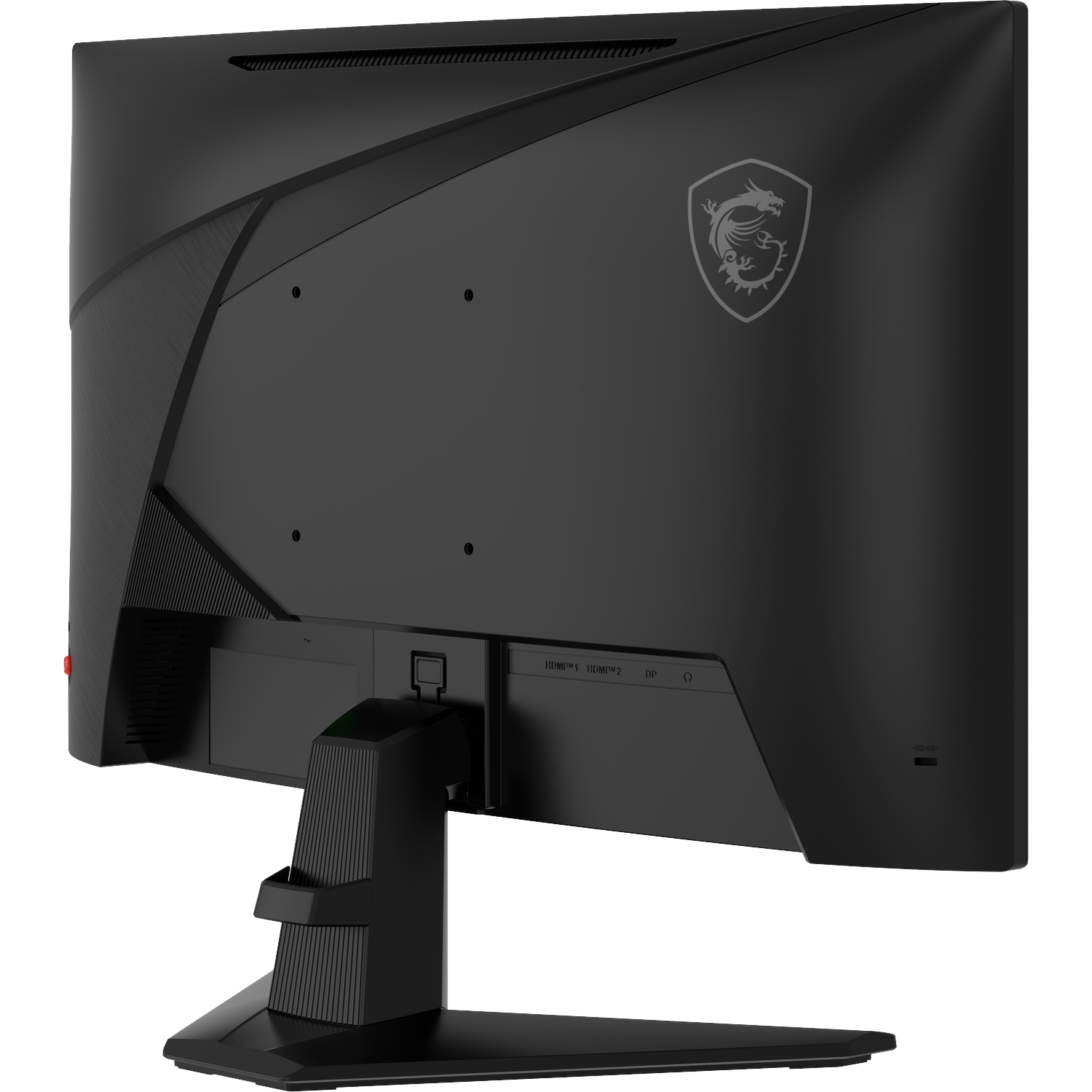 Back of a black monitor with MSI logo, ports, and stand.