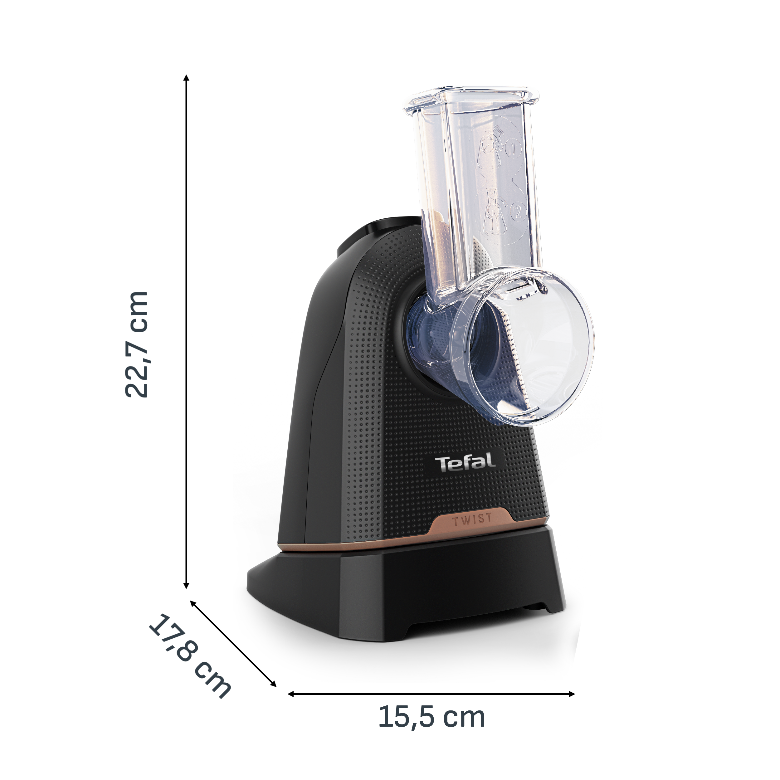 Fekete Tefal Twist zöldségreszelő átlátszó toldattal.