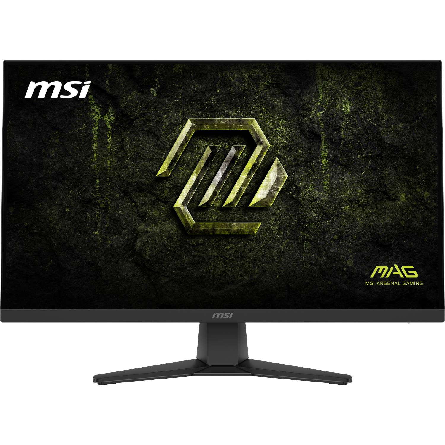 An MSI gaming monitor with a green textured background and a yellow logo.