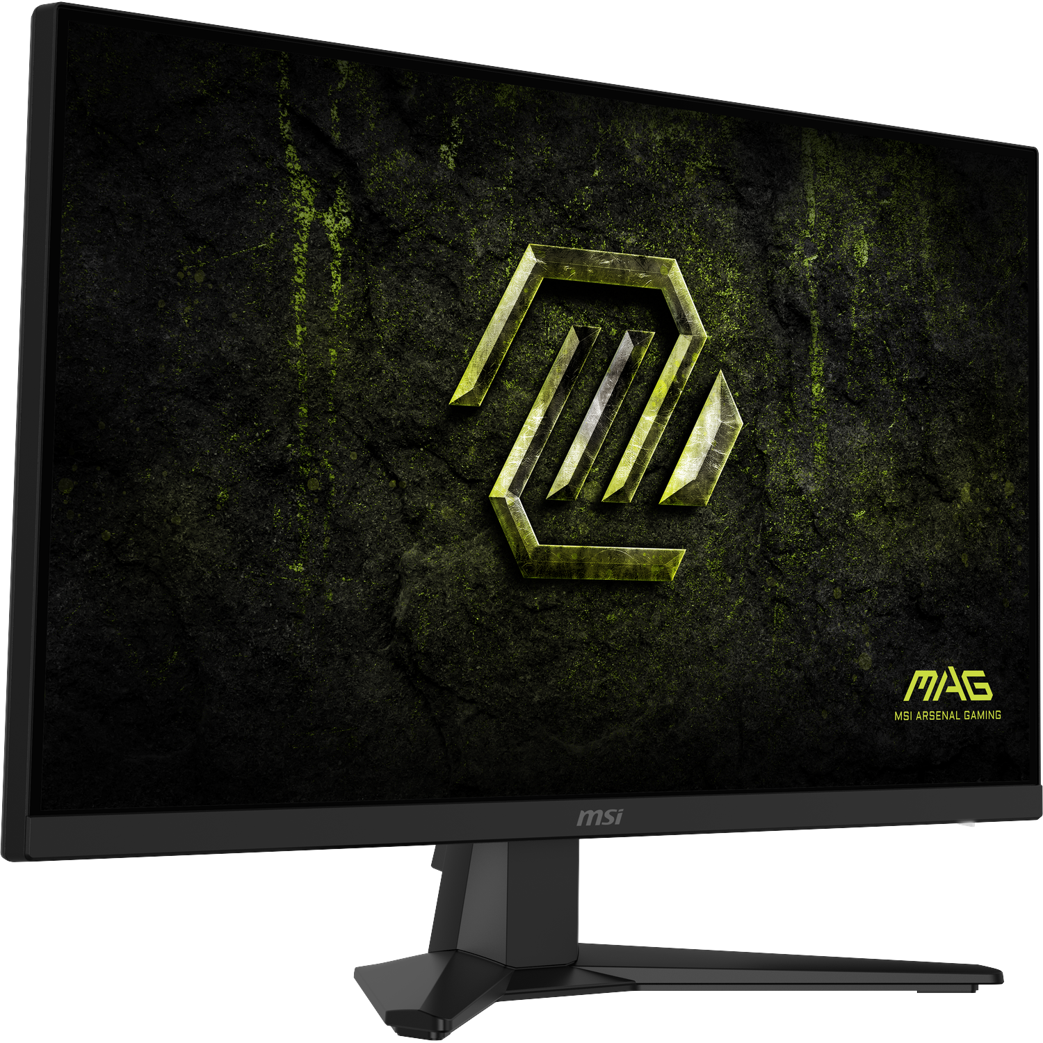 A black MSI gaming monitor displays a textured dark background with a neon green logo.