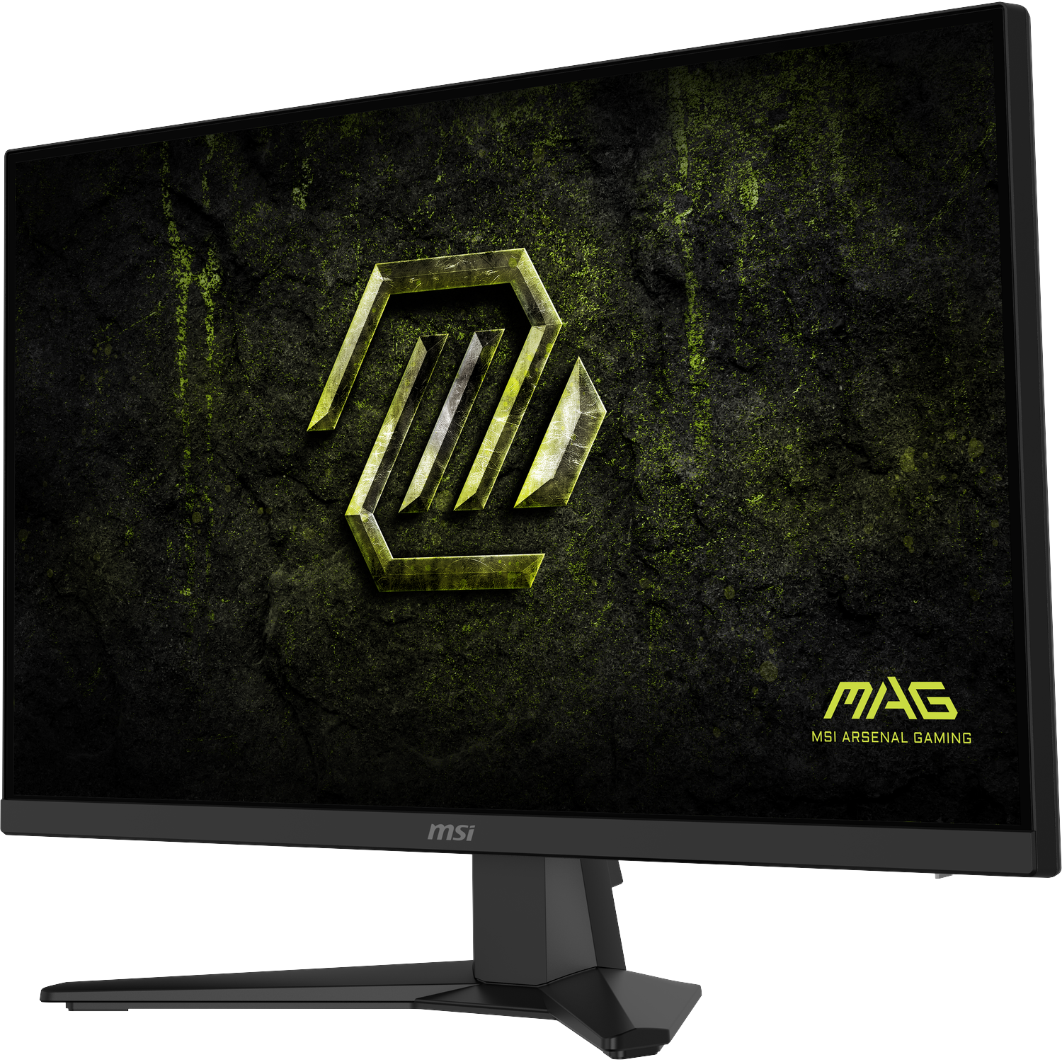 A black MSI gaming monitor with a green textured background and logo.