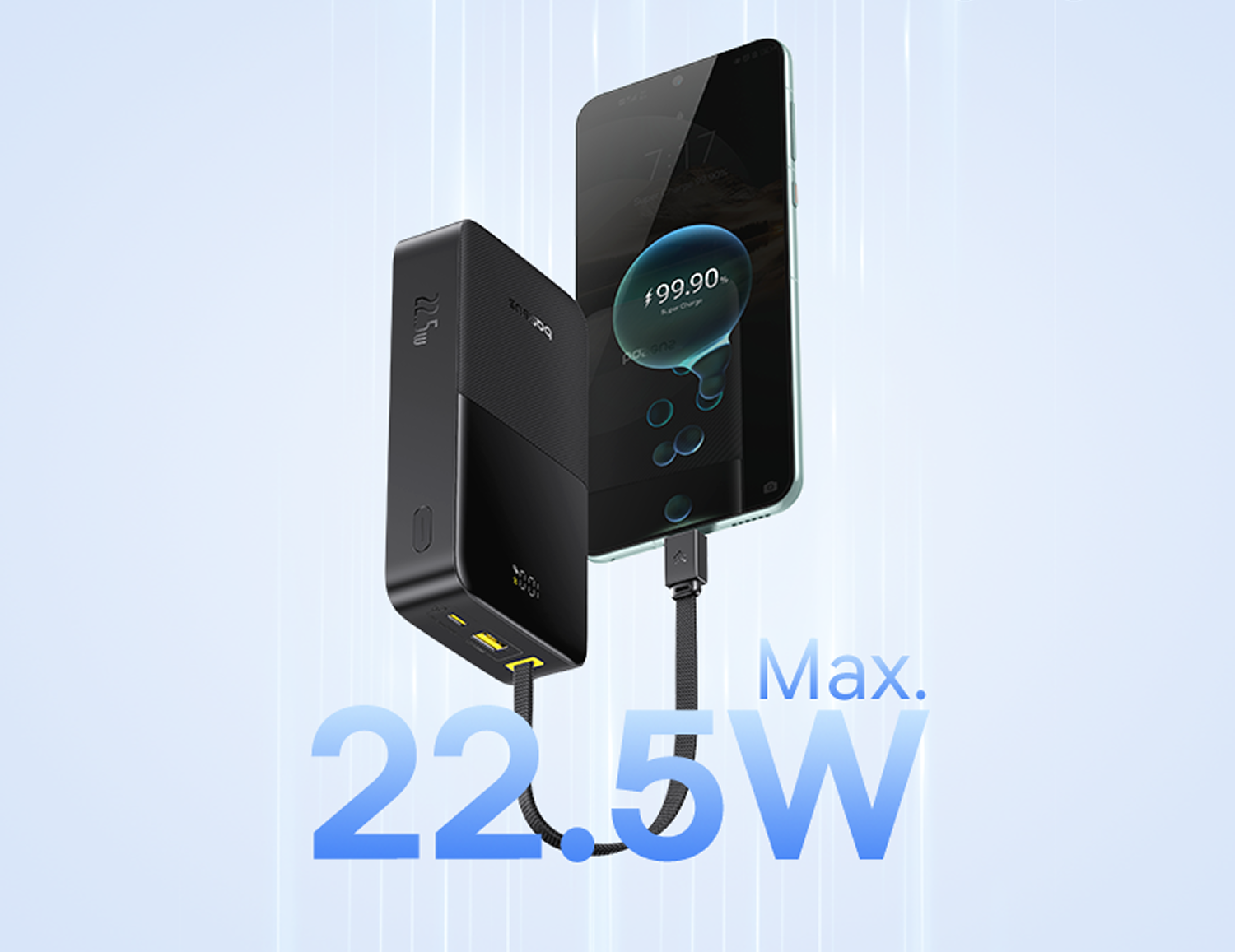 Power bank negra carga un smartphone al 99,90% por cable. Máx. 22,5W.