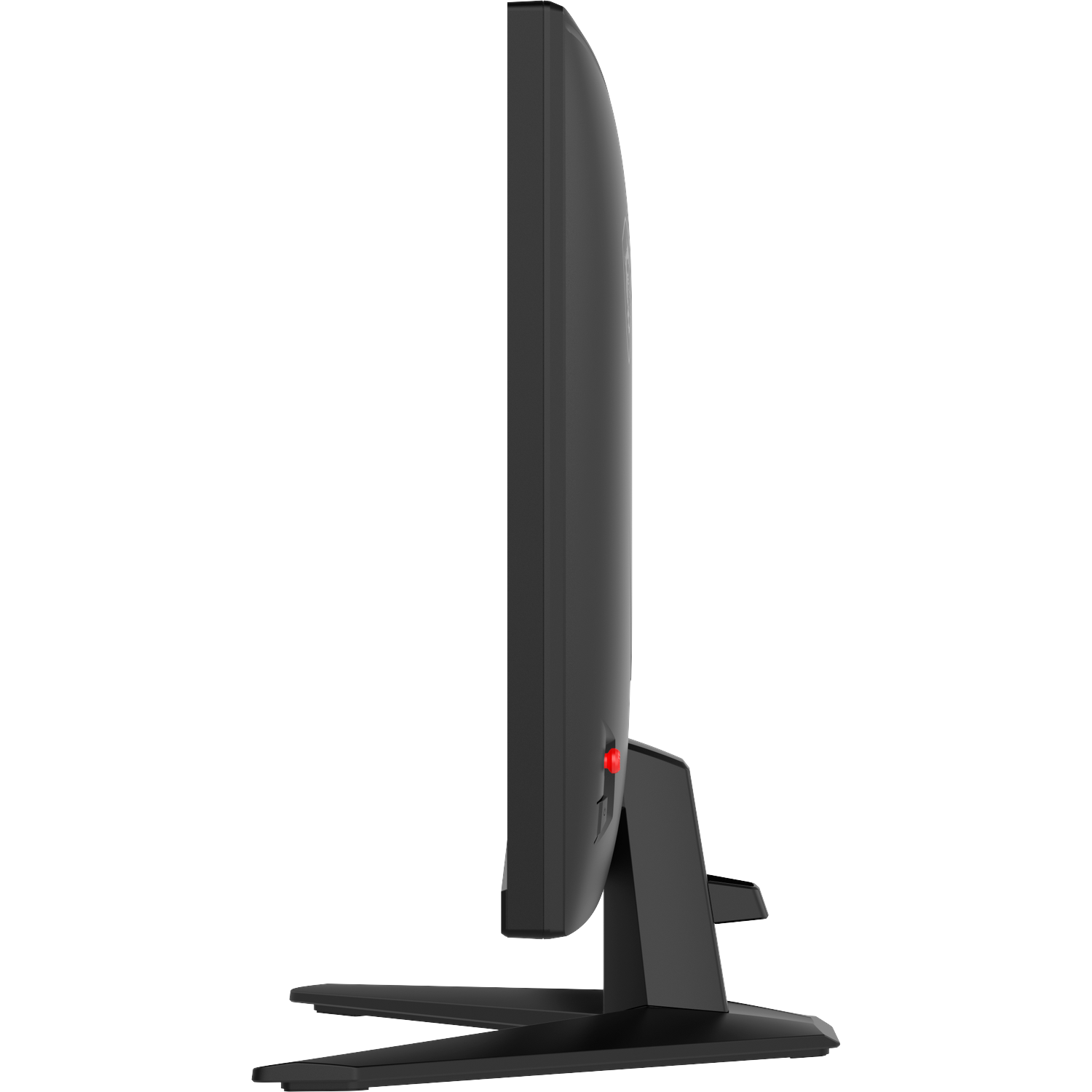 Side view of a black computer monitor on a stand with a red button.