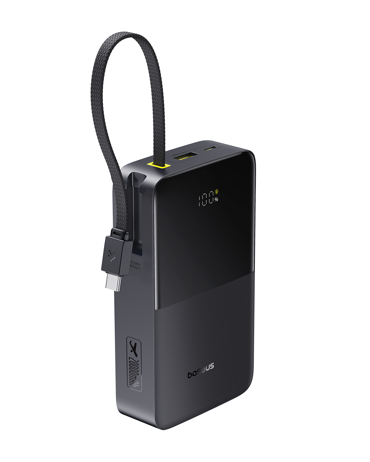 Batería externa negra de 20000mAh con puerto USB-C, cable de carga y pantalla digital.