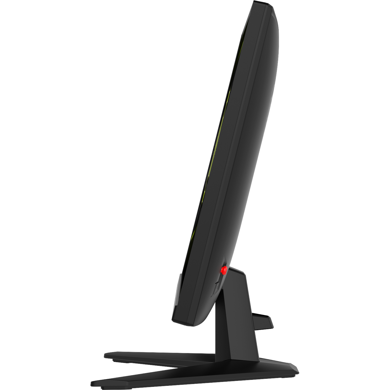 A black monitor with a red button and yellow accents on a stand.
