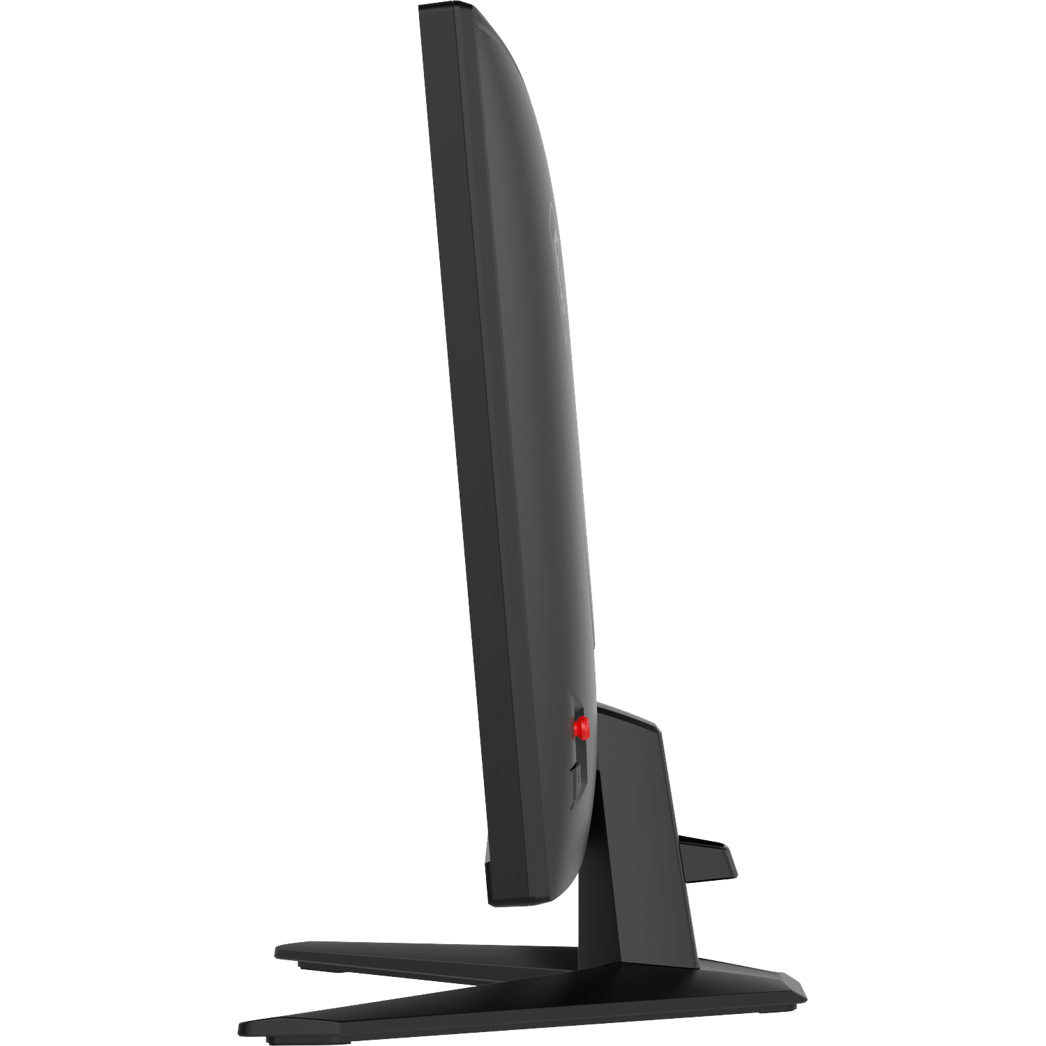 Black computer monitor with a red button, viewed from the side.