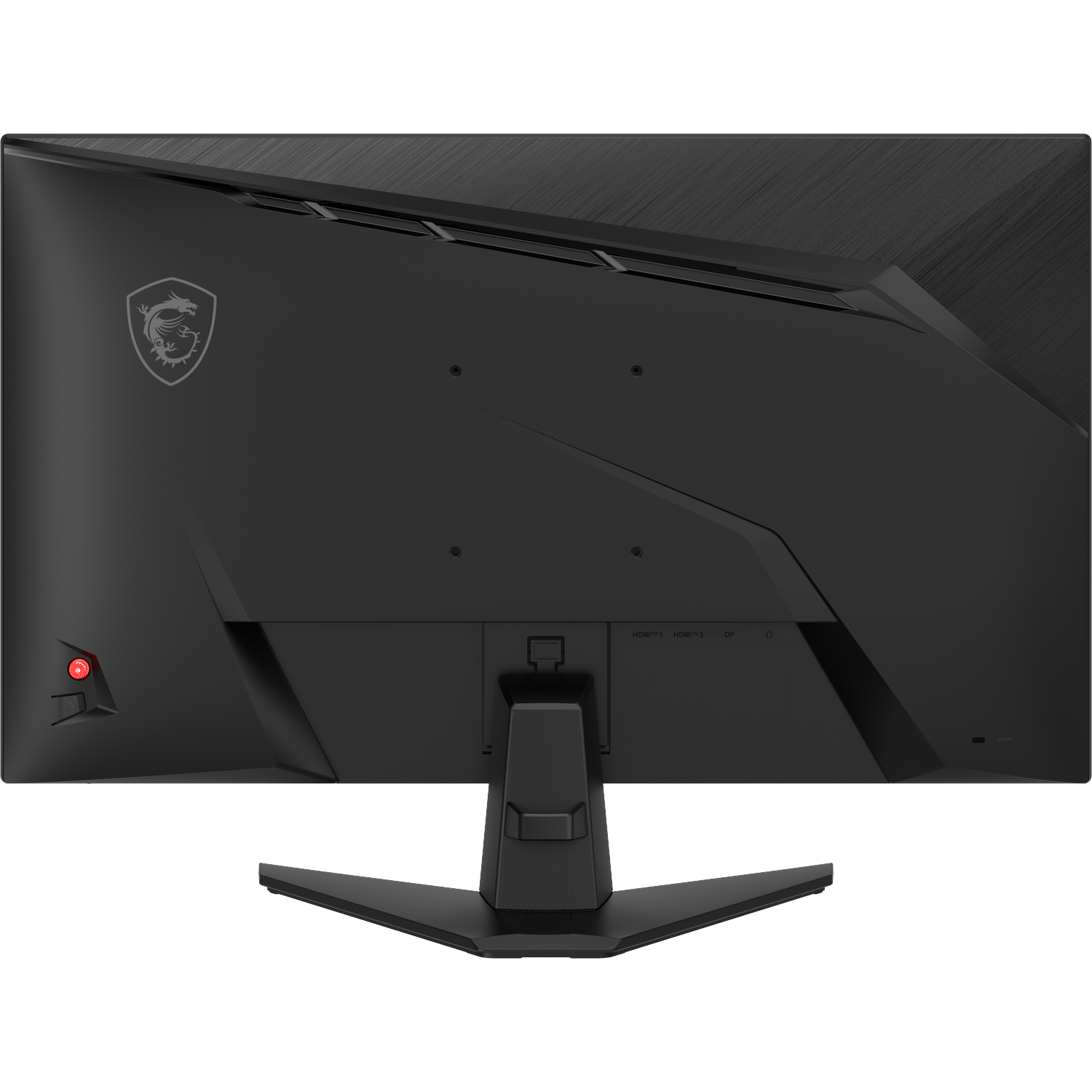 Back of a black MSI monitor with dragon logo, ports, and stand.