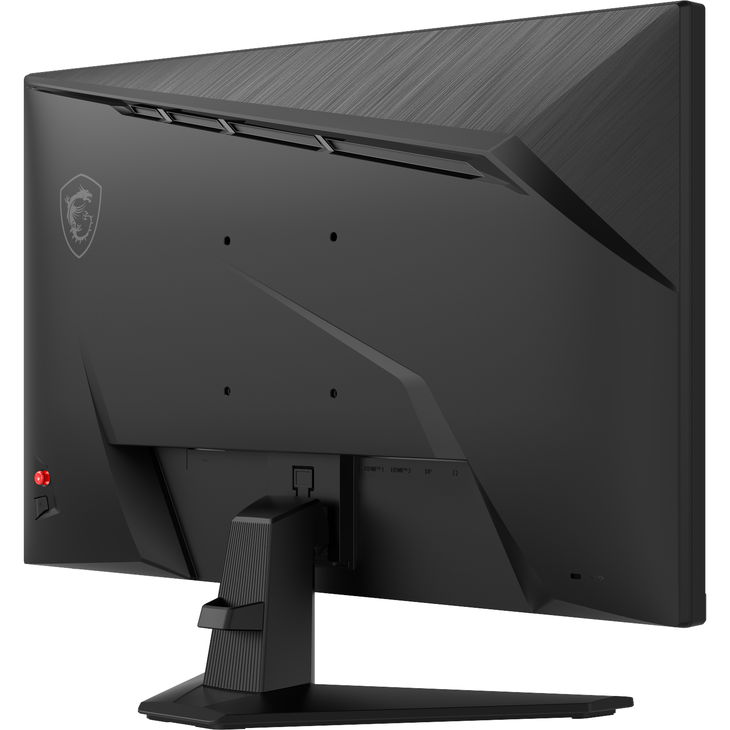 Back of a black monitor with MSI logo and ports.