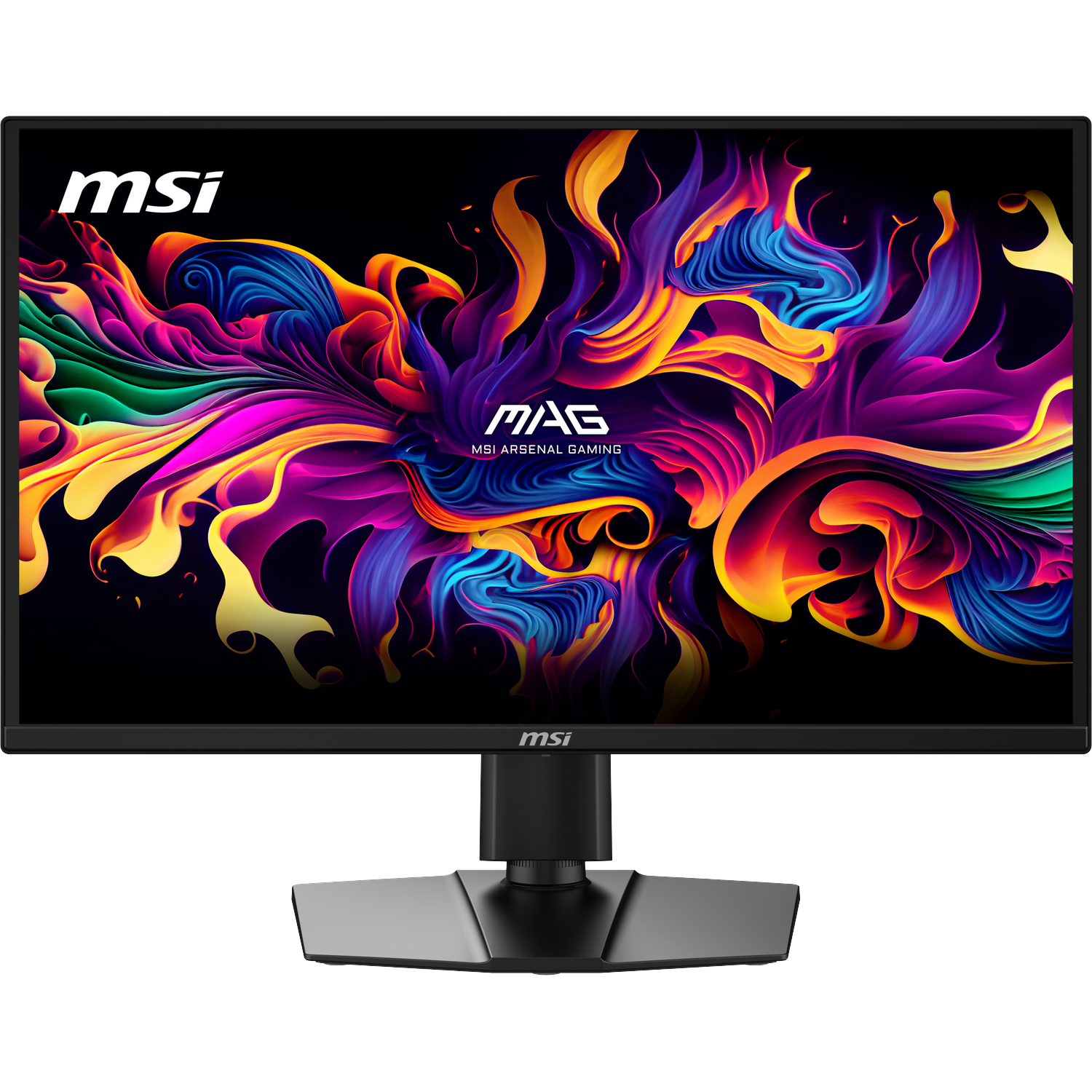 An MSI gaming monitor displaying a colorful, abstract background design.