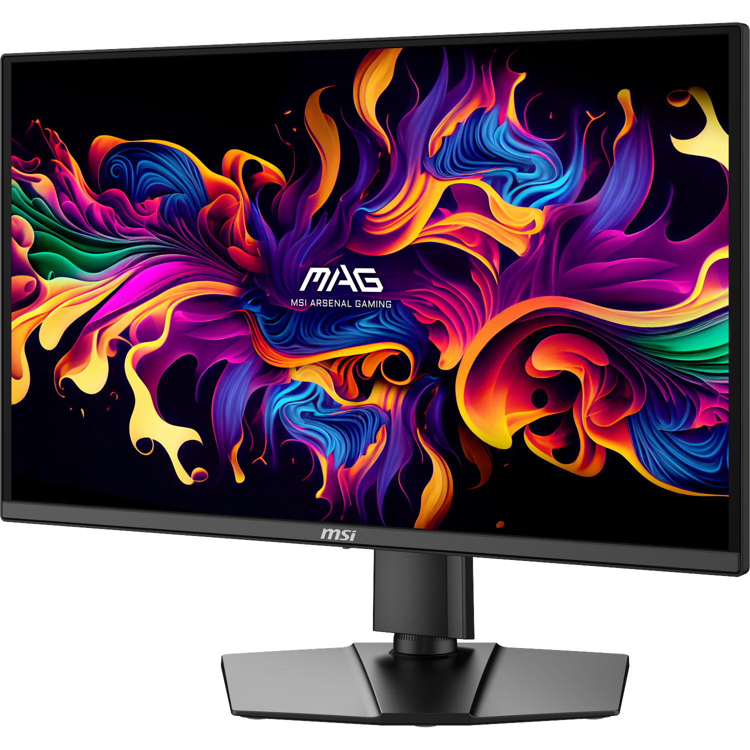 A black MSI gaming monitor displaying a colorful, abstract wallpaper.