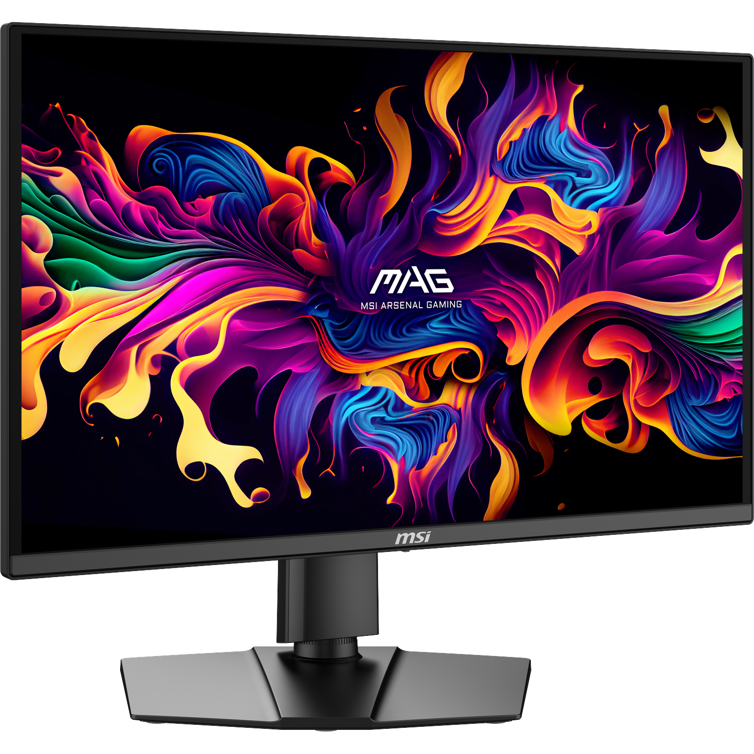 Black MSI monitor with vibrant, abstract colorful flames on screen.