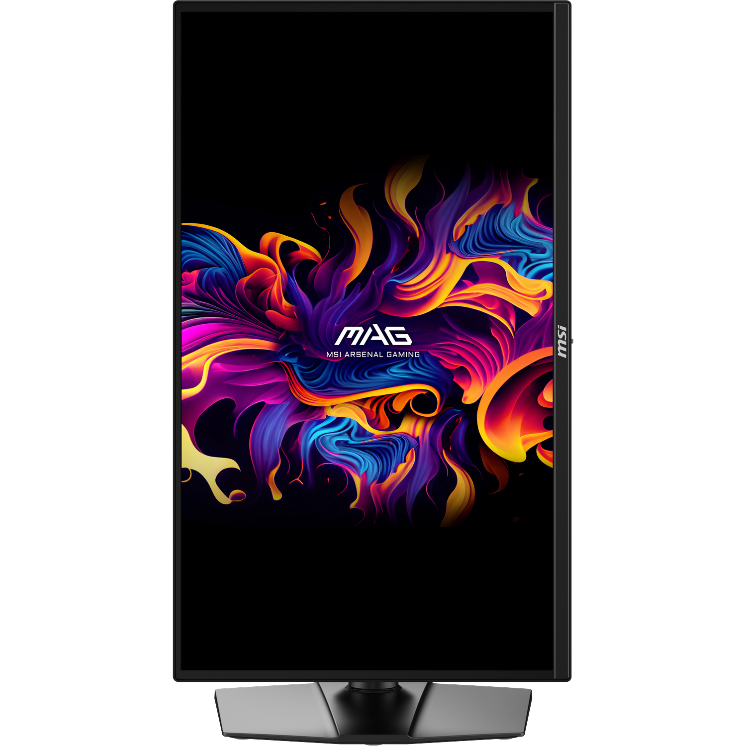 A black screen featuring a vibrant, abstract design in blue, purple, yellow, and orange hues.