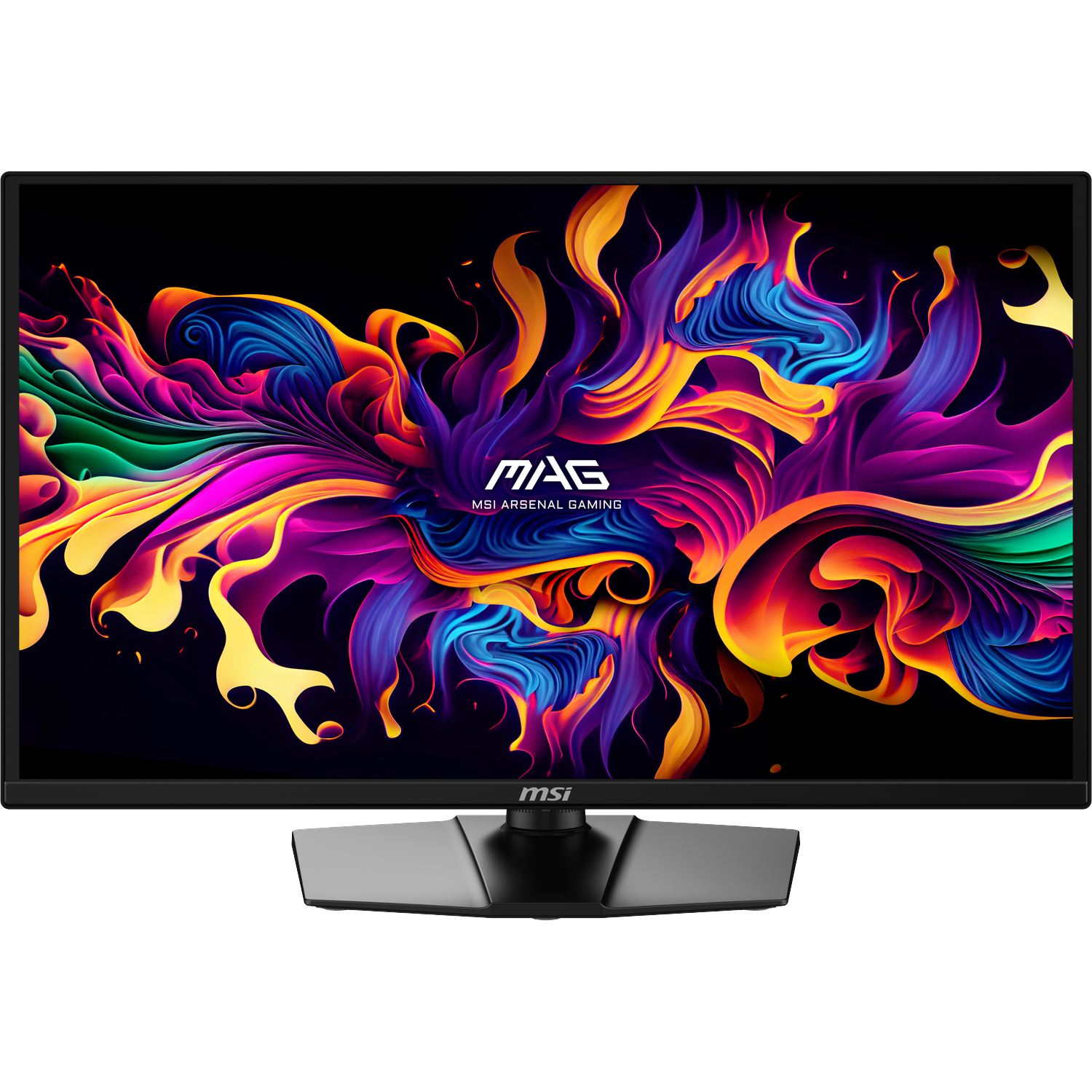 A modern MSI gaming monitor displaying a vibrant, abstract fiery background.