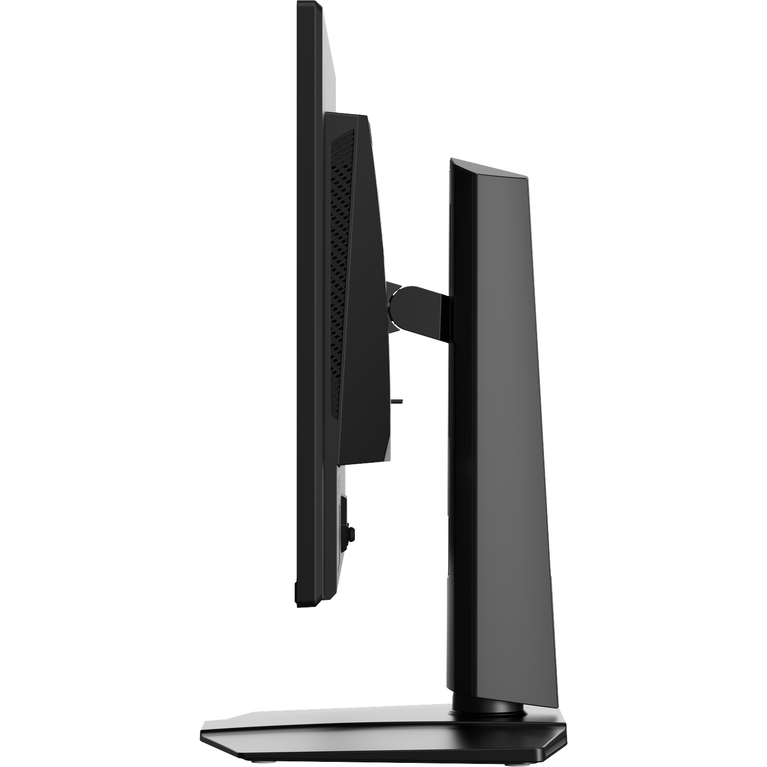 Side view of a black computer monitor on a stand.