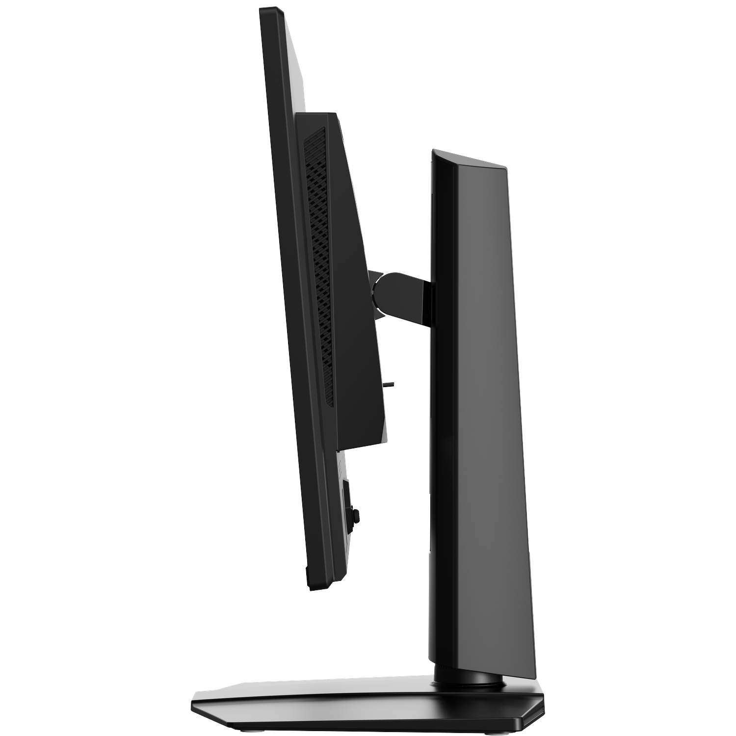 Black computer monitor on a stand, viewed from the side.