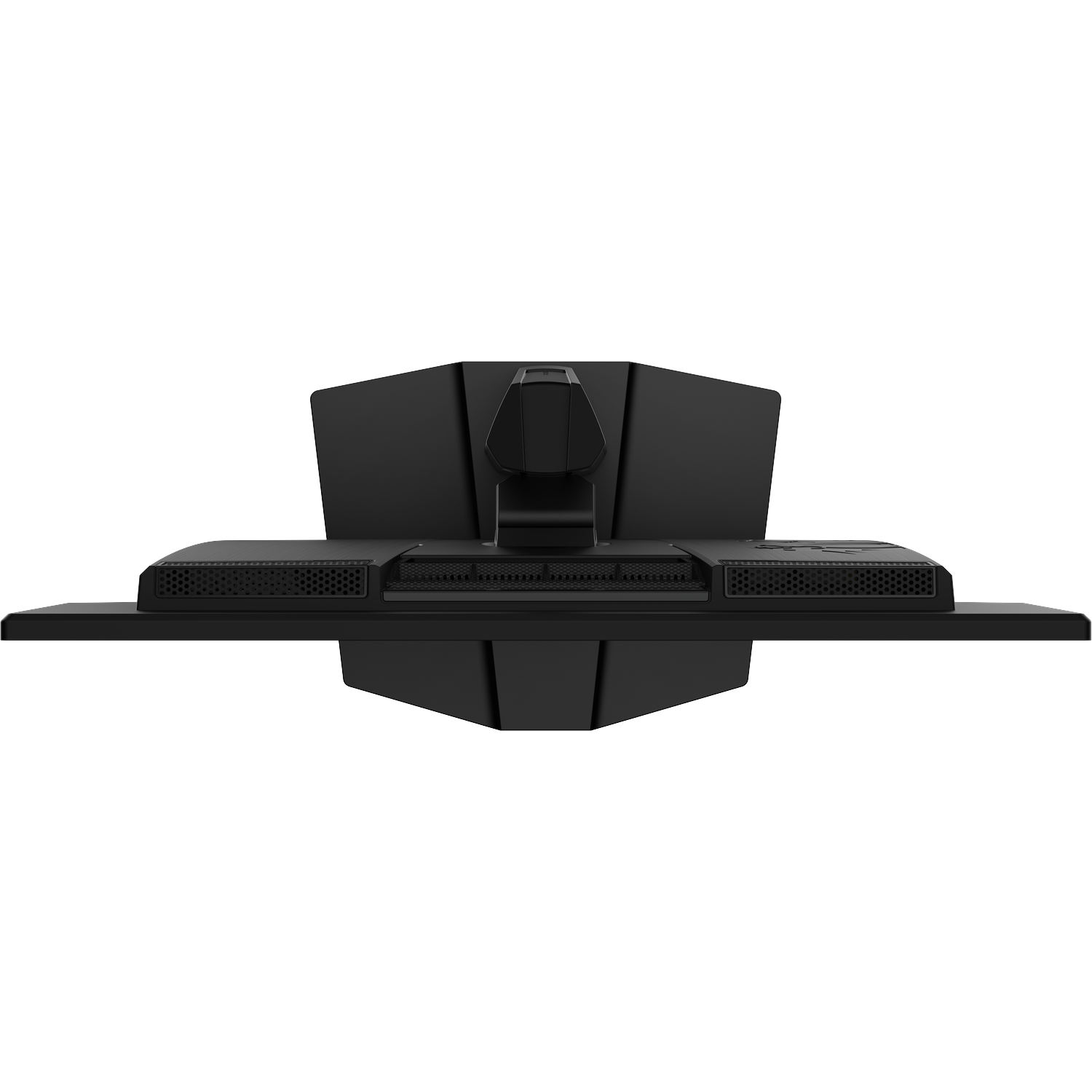 Top view of a black monitor with a wide base and ventilation slots.